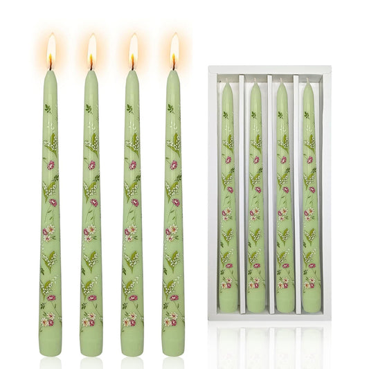 NJAO HOO Flower Candlesticks 10 in Straight Taper Candles Hand Printing Colored Green Candlesticks Floral Tall Tapered Candle for Spring Home Garden Decor Simple Modern, 4Pcs