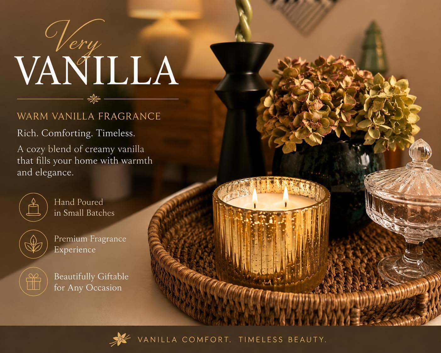 Vanilla Scented Candle, 12 oz Triple Wick in Gold Mercury Glass Jar, Warm Vanilla Fragrance, Decorative Home Candle, Reusable Luxury Glass Container, Luxury Breeze