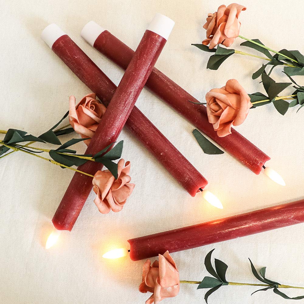 Wondise Flameless Taper Candles with Timer, 2 Pack Battery Operated Flameless Flickering Candles Real Wax Burgundy LED Candle for Christmas Wedding Dinner Decorations
