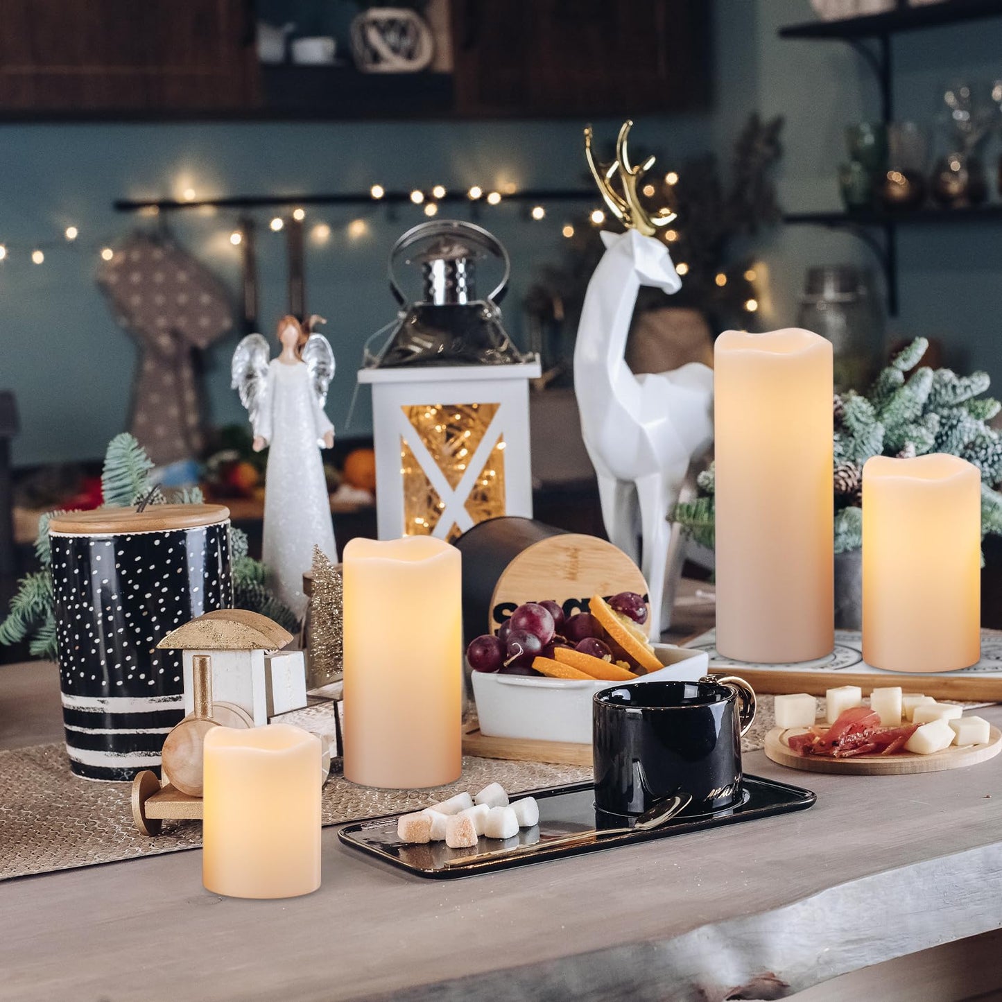 Eldnacele Waterproof Flameless Flickering Candles with Remote and Timer, Battery Operated LED Pillar Candles Indoor Outdoor White Plastic Candle Pack of 4 Wedding Dinner Home Decor, D3 x H4 5" 6" 8"