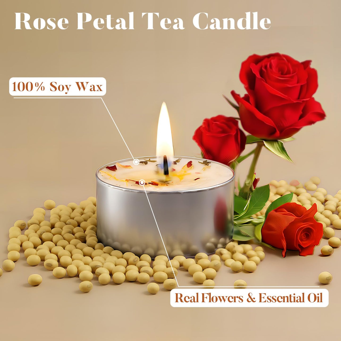 48 Pack Rose Scented Tealight Candles with Real Petals, Natural Soy Wax 6H Burn Time, Non-Toxic Smokeless Scented for Bath, Wedding, Decor