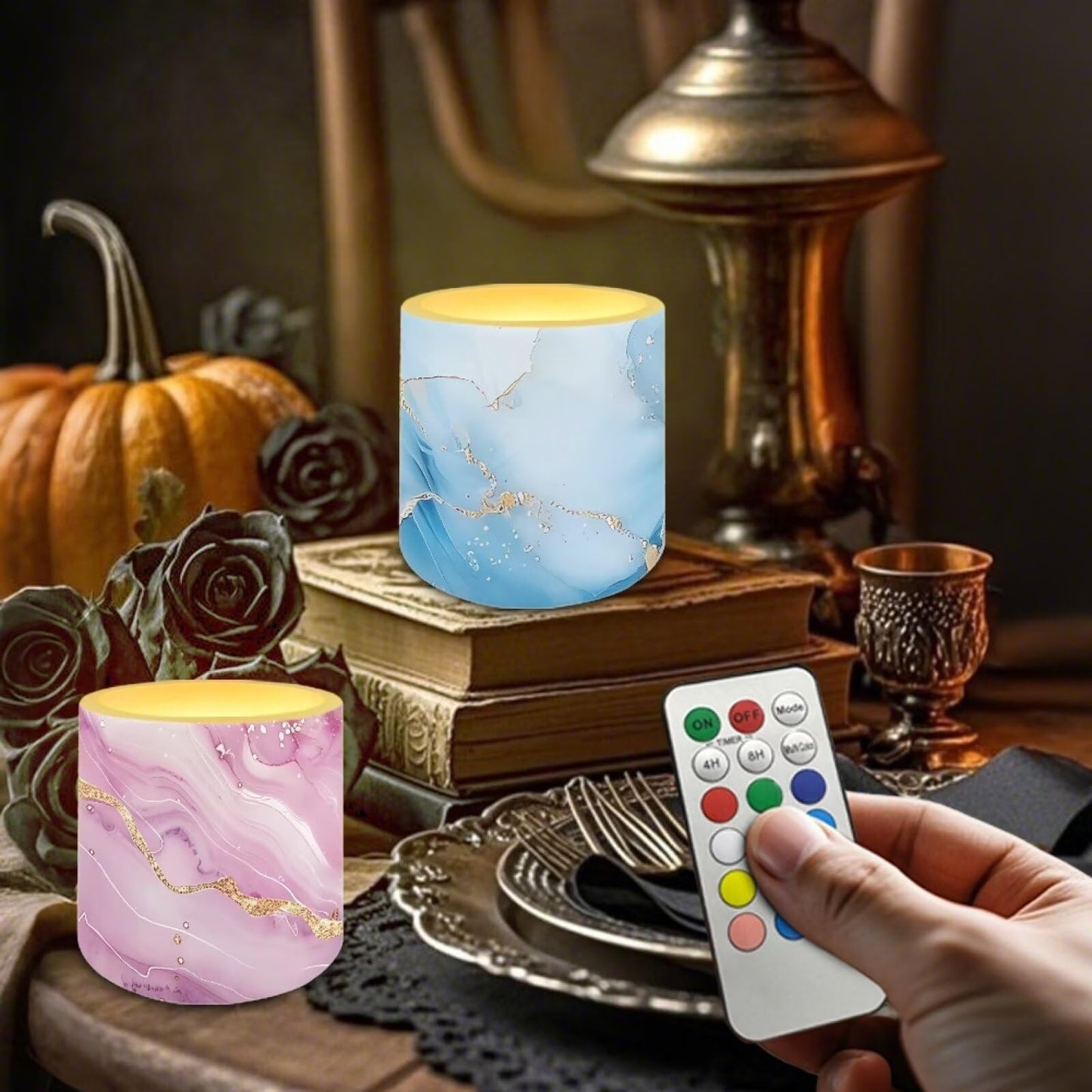 NETILGEN 4 Pieces Flameless Candles with Remote Timer with Battery Operated LED Pillar Candles 3 inch Realistic Flickering Flameless Candles Colorful Marble Print