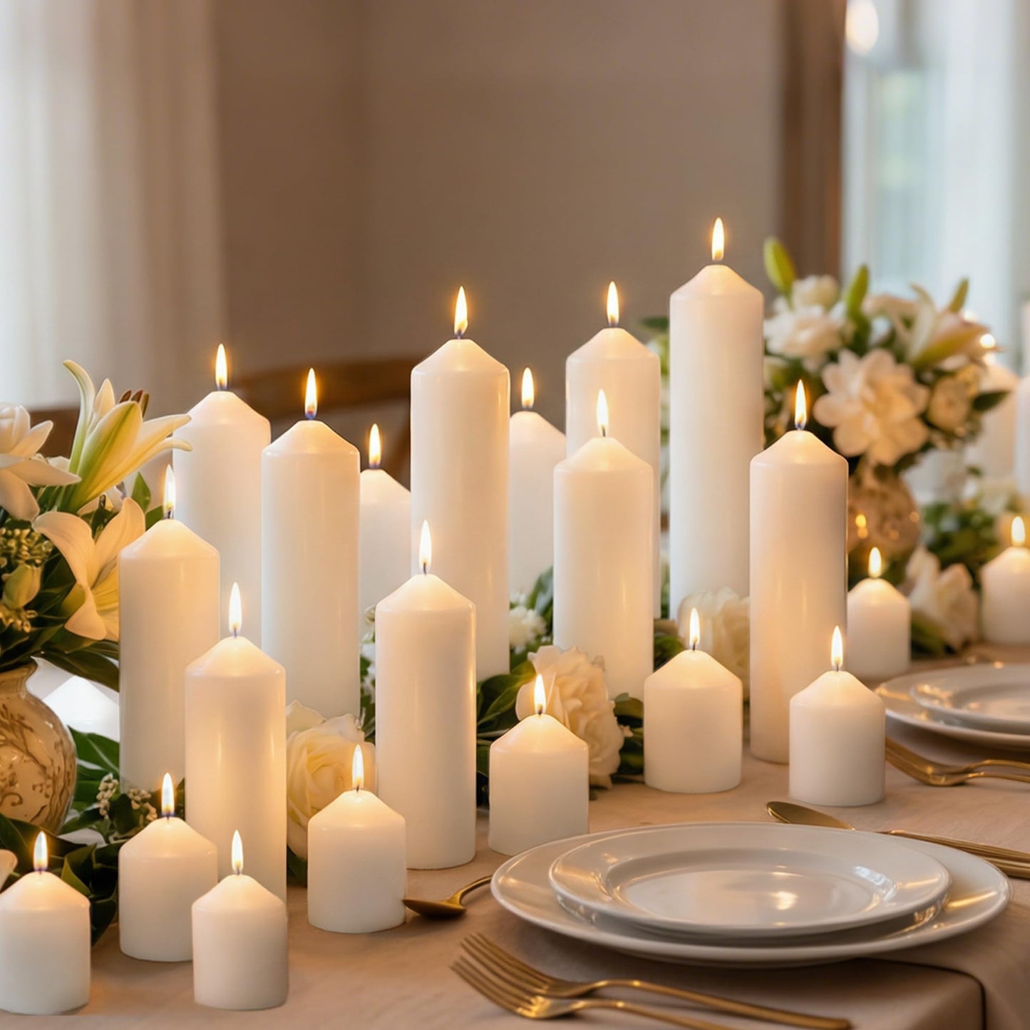 HTTBEIZI Pillar Candles Bulk Set - Unscented, Smokeless, Dripless | 3 Sizes (1 Each): 2x3, 2x6, 2x8 Inches | Ideal for Weddings, Christmas & Home Decor (3, White)