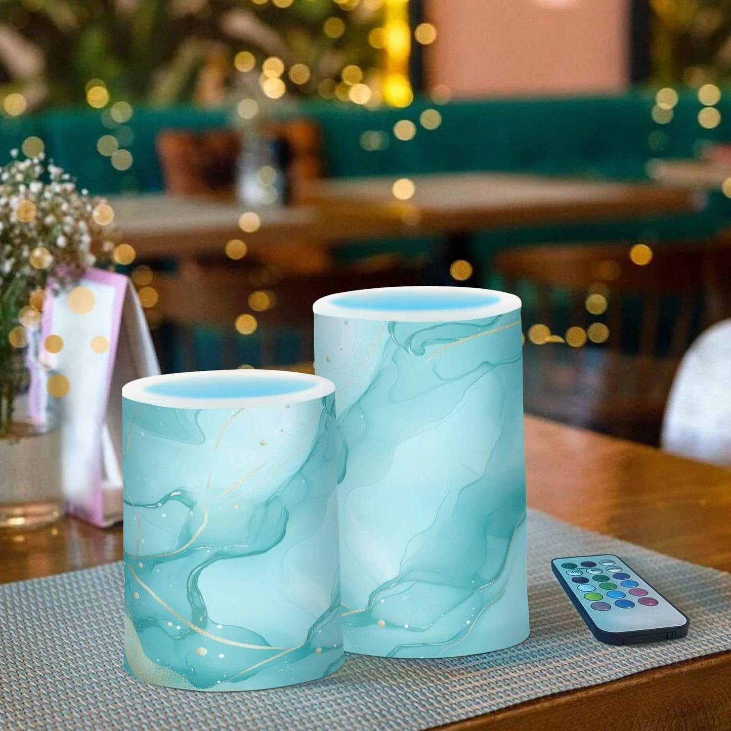 WEVIBOFU Turquoise Green Marble Flickering Flameless Candles LED Battery Operated with Remote Timer Pillar Candles for Home Birthday Wedding Christmas Decor, Set of 2