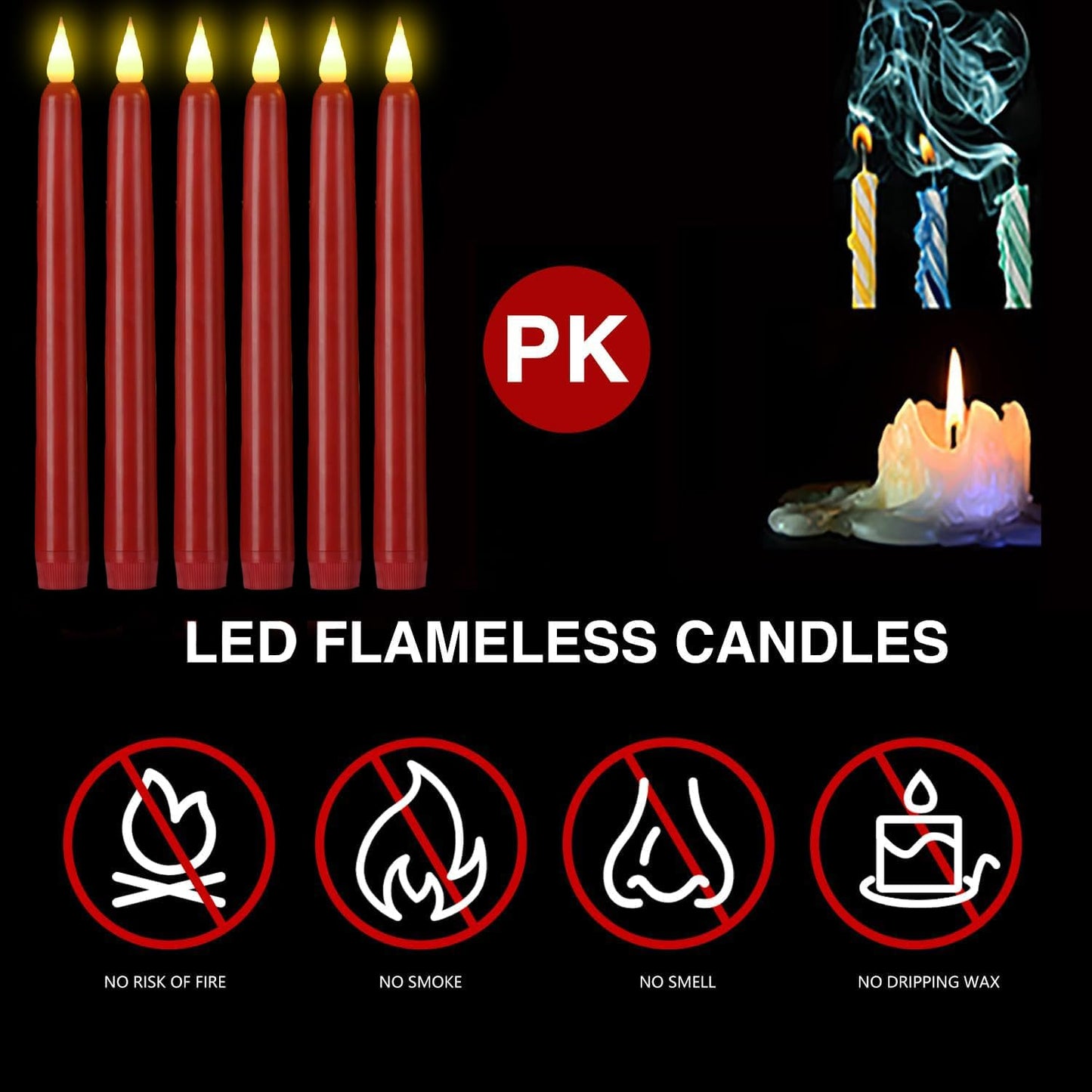 Flameless Taper Candles with Remote Control and Timer, Battery Operated LED Candlesticks with Flickering 3D Flame, 9.6×0.8Inches Plastic Tall Candles for Christmas, Wedding and Home Decor (Red, 9)