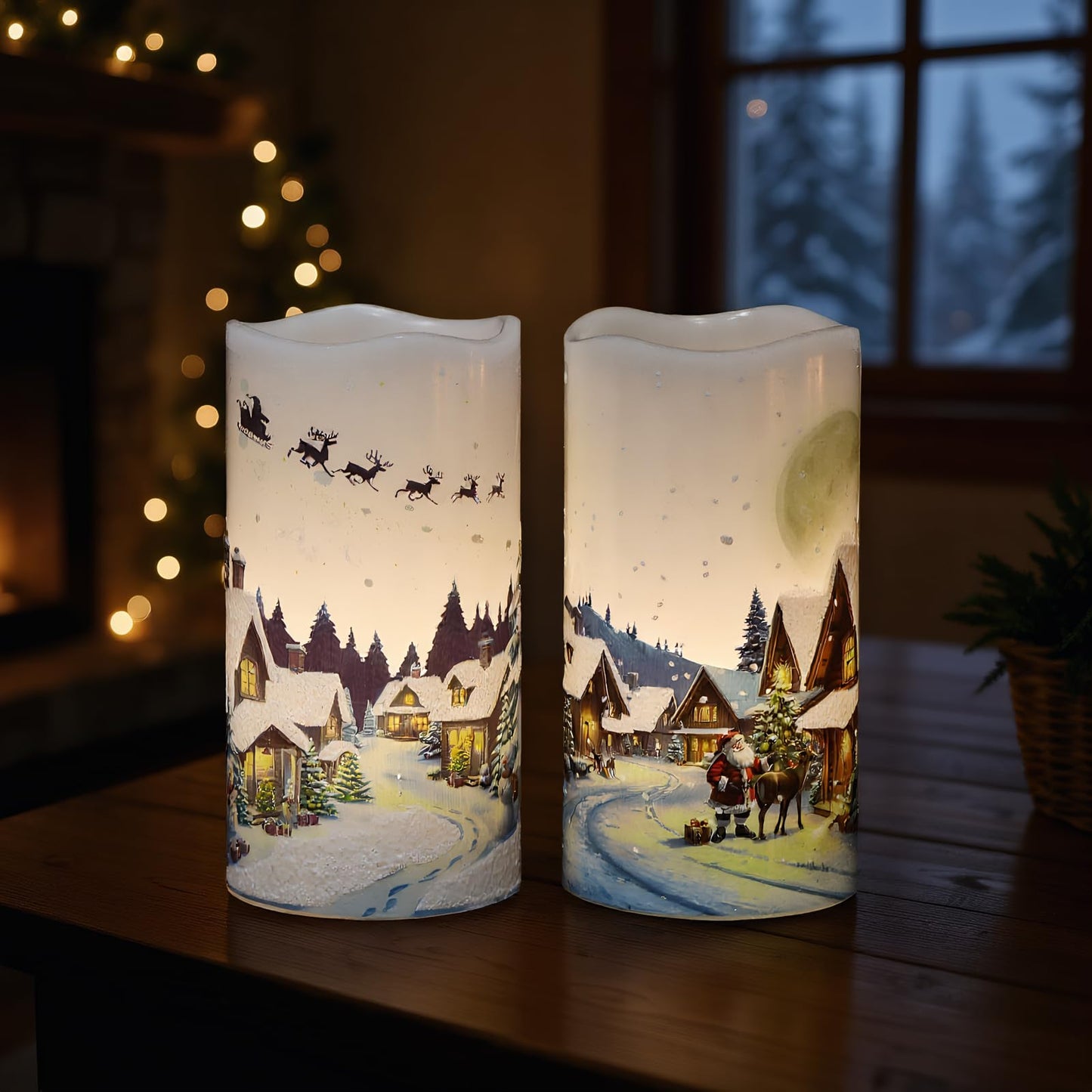 KunSwenn Christmas Flameless Candles, Christmas LED Battery Operated Candles with Remote Timer, Set of 2 Pillar Candle with Snow House, Santa, Reindeer Decals for Holiday Winter Decor(D6” x H3”)