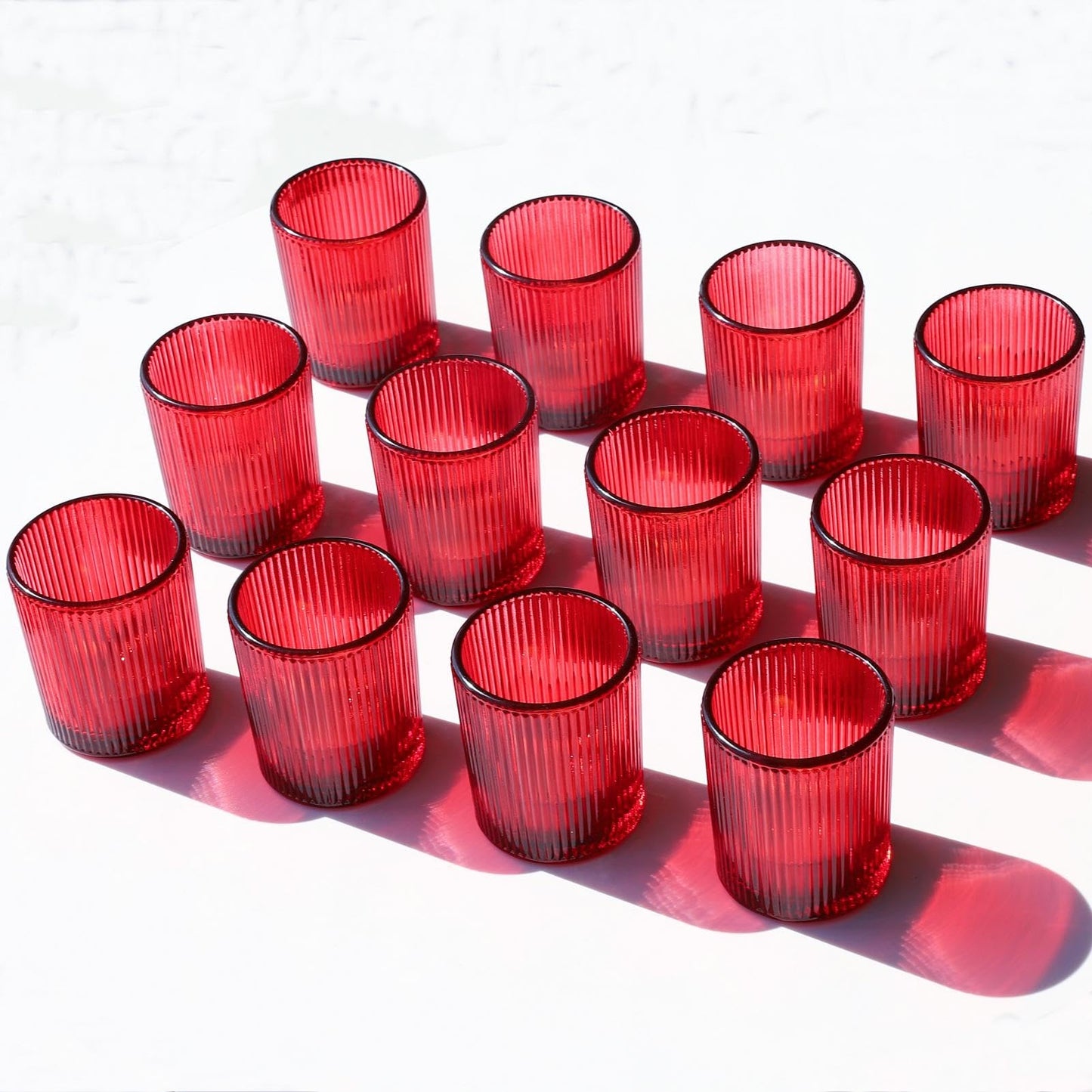 VOHO Red Candle Holders Set of 12, Ribbed Glass Votive Candle Holders Bulk for Holiday/Party Decorations, Tea Lights Candle Holder Wedding Centerpieces for Tables