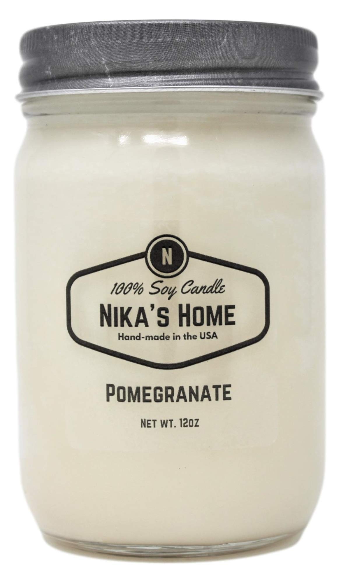 Nika's Home Pomegranate Soy Candle 12oz Mason Jar Non-Toxic White Soy Handmade Long Burning 50-60 Hours Highly Scented All Natural Candles Clean Burning Large Candle Gift Décor