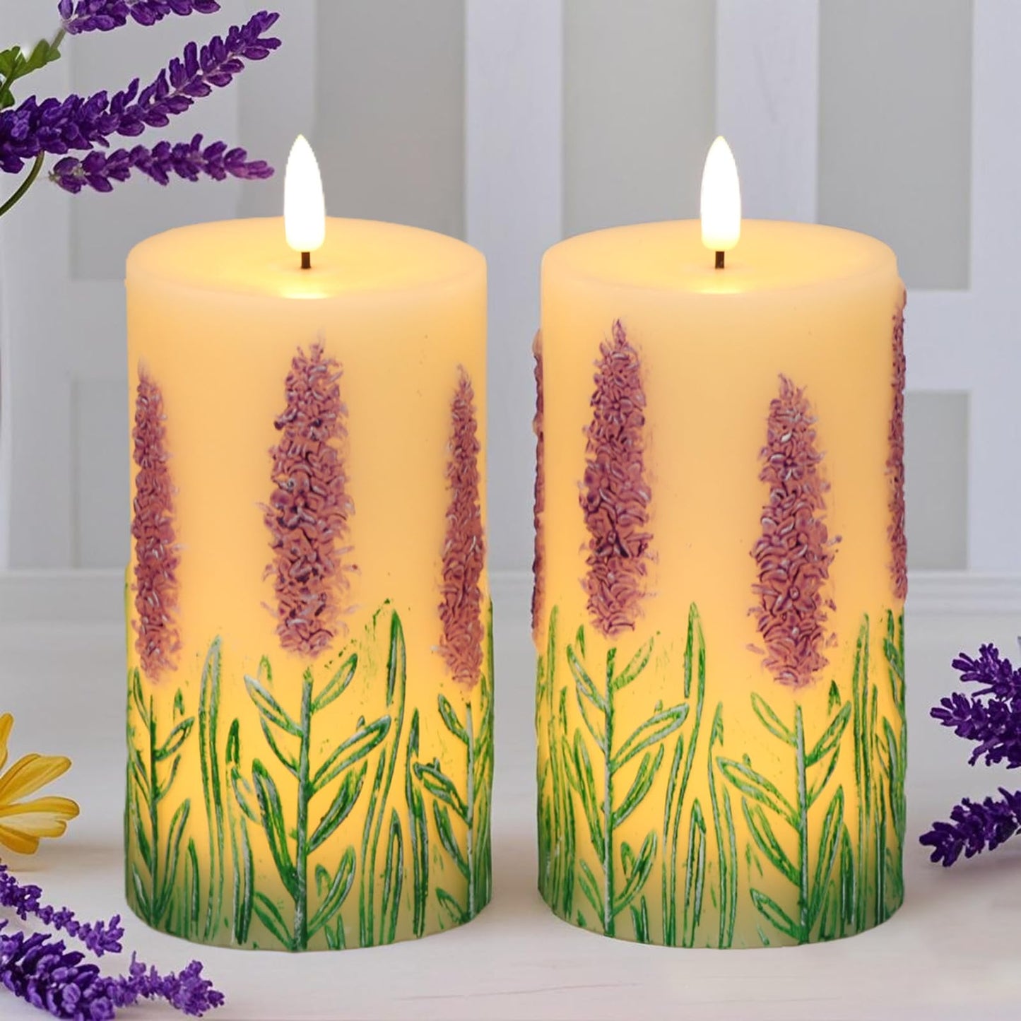 DRomance Lavender Flameless Candles Battery Operated with 6 Hour Timer 3D Wick Flickering LED Pillar Candles Real Wax Hand-Painted Dinner Christmas Holiday Decor(2 Pack, 3" D x 6.5" H)