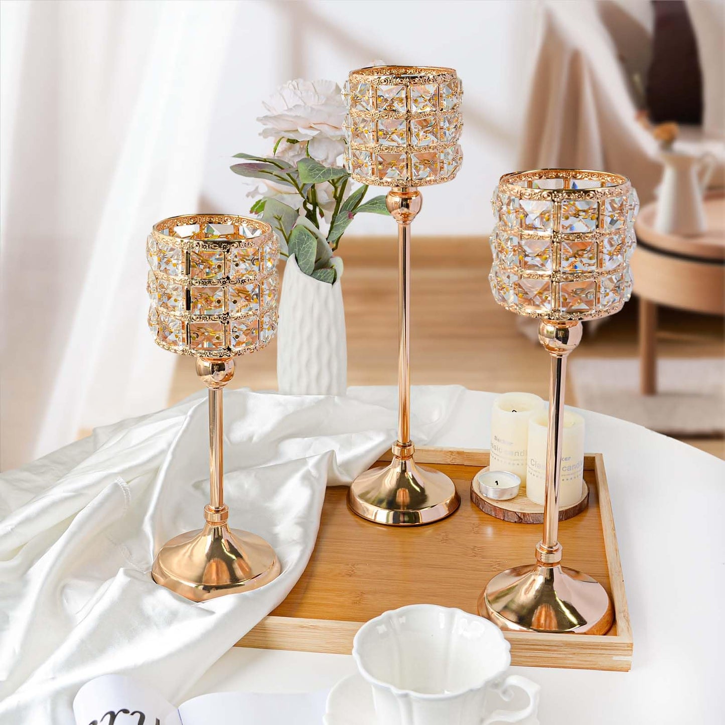 Set of 3 Gold Candle Holders for Wedding Decor, Crystal Candlestick Holders Centerpieces for Table, Elegant Tealight Holder for Halloween/Christmas/Party/Wedding Table Decoration (Gold)
