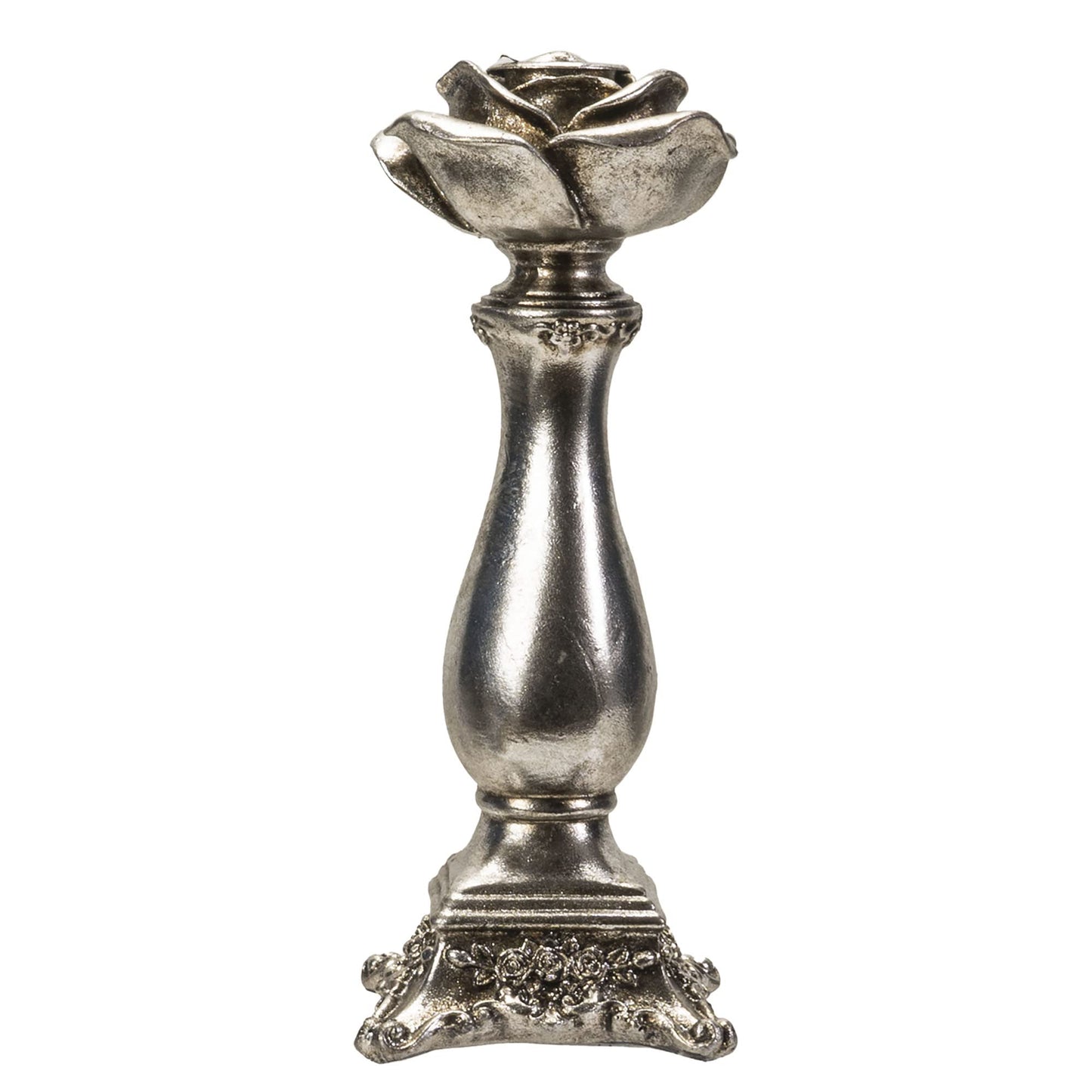 Antique Silver Rose Candle Stick Pillar Holder