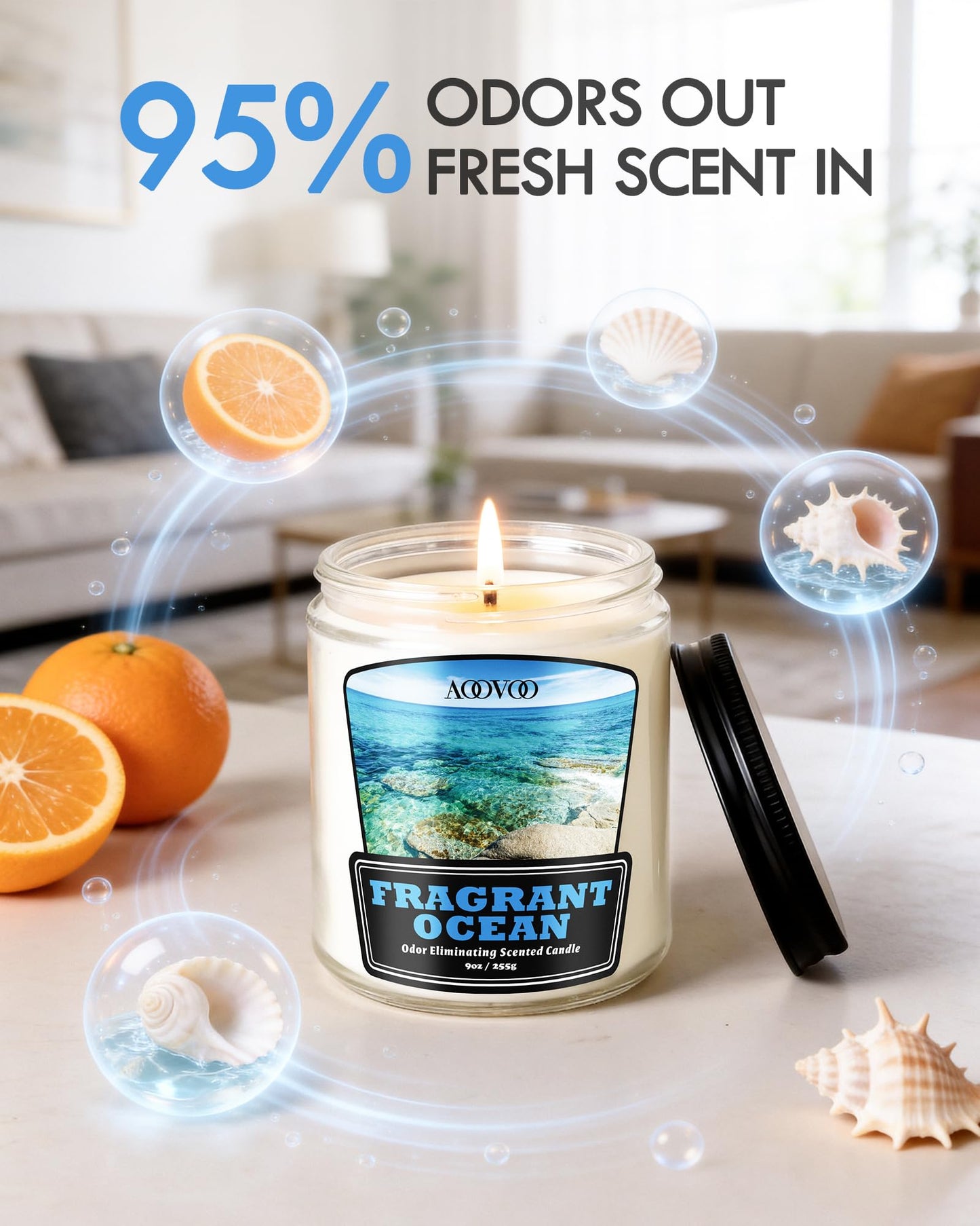 AOOVOO Fragrant Ocean Odor Eliminating Candle - Up to 50 Hours Burn time, Eliminates 95% of Pet, Smoke, Food, and Other Smells Quickly, 9 oz Non Toxic Highly Fragranced Air Freshing Soy Candle