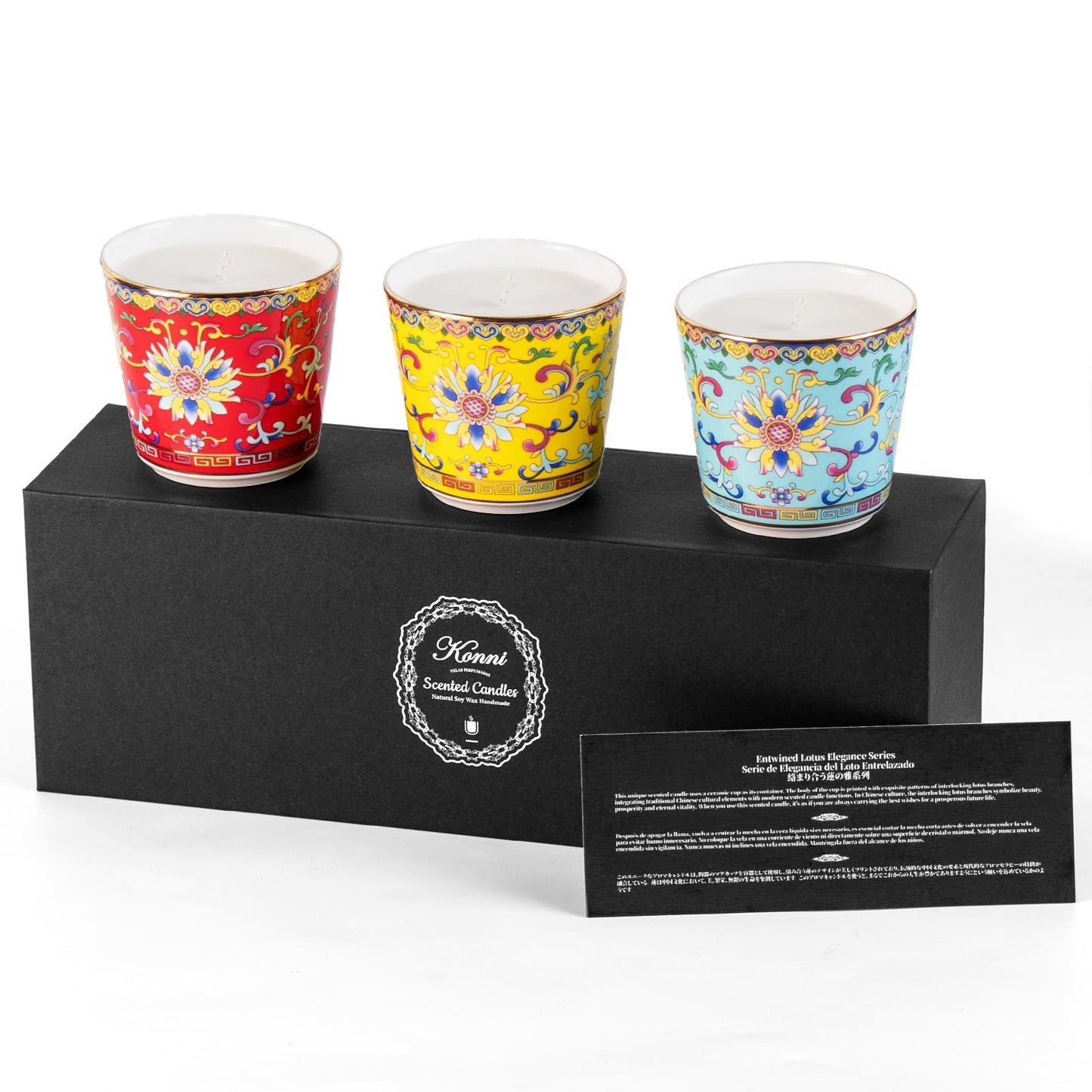 KONNI Scented Candles Gifts Set of 3 for Women Men 19 oz Soy Wax Candles Lotus Ceramic Jar Candle 90 Hours Long Lasting Floral & Woody Scents for Christmas, SPA Relaxation, Home Decor