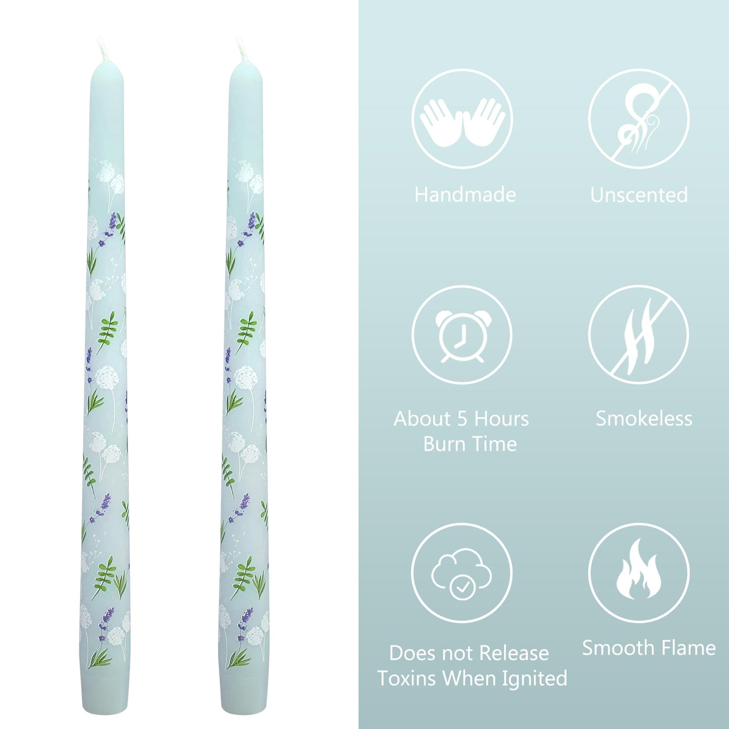 Dandelion Printed Taper Candles Set of 2, 10 Inch Handmade Candle Stick, Unscented Long Candle, Tapered Candles for Wedding Dinner Table Home Decor Gift
