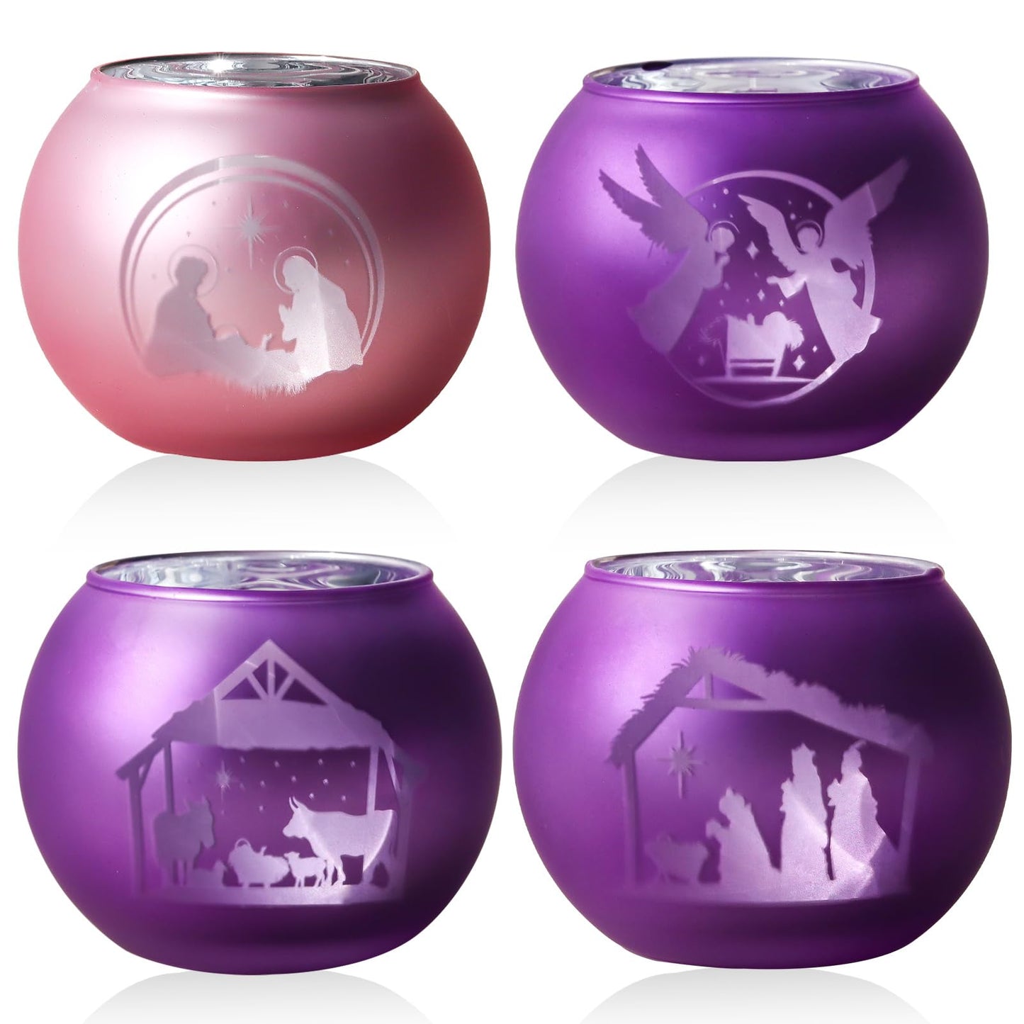 SYFURNIX Advent Candle Holders Set of 4, Glass Tealight Votive Candle Hodlers Tabletop Nativity Christmas Table Decorations Mantel Decor