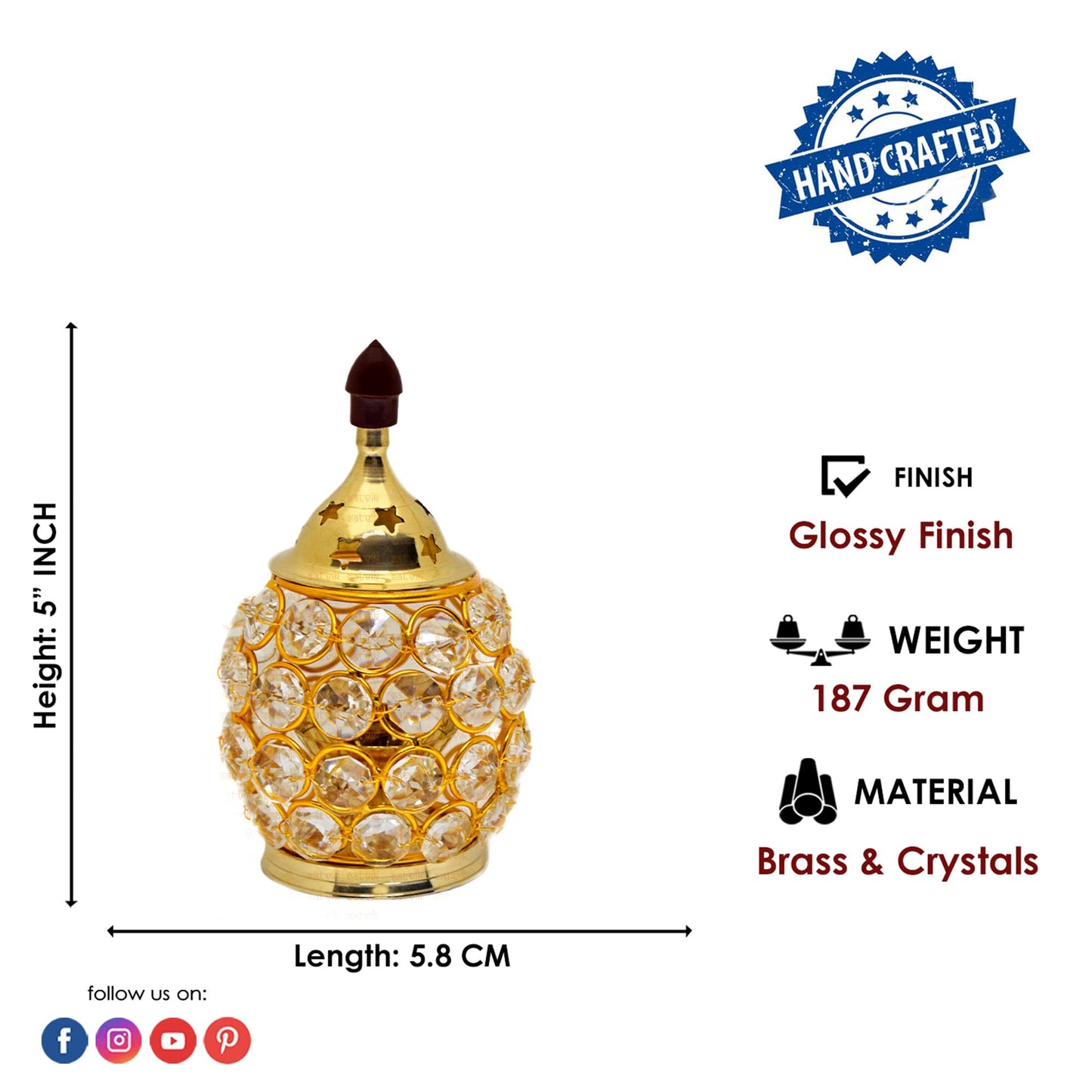 Satvik 5 Inch Akhand Chimney Diya Diwali Gift/Diwali Deepawali Decoration Brass Decorative Crystal Oil Lamp Tea Light Holder Lantern Oval Shape | Puja Lamp Indian Housewarming Gift Items