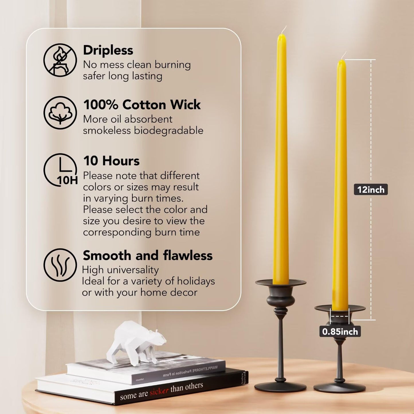 Pickood 12-Inch Tall Dripless Taper Candles Set of 4 - Lemon Yellow Tapered Candles, Perfect for Spring - Smokeless, Unscented, Long Burning - Hand Poured, Colored Tall Candlesticks - Lenmon