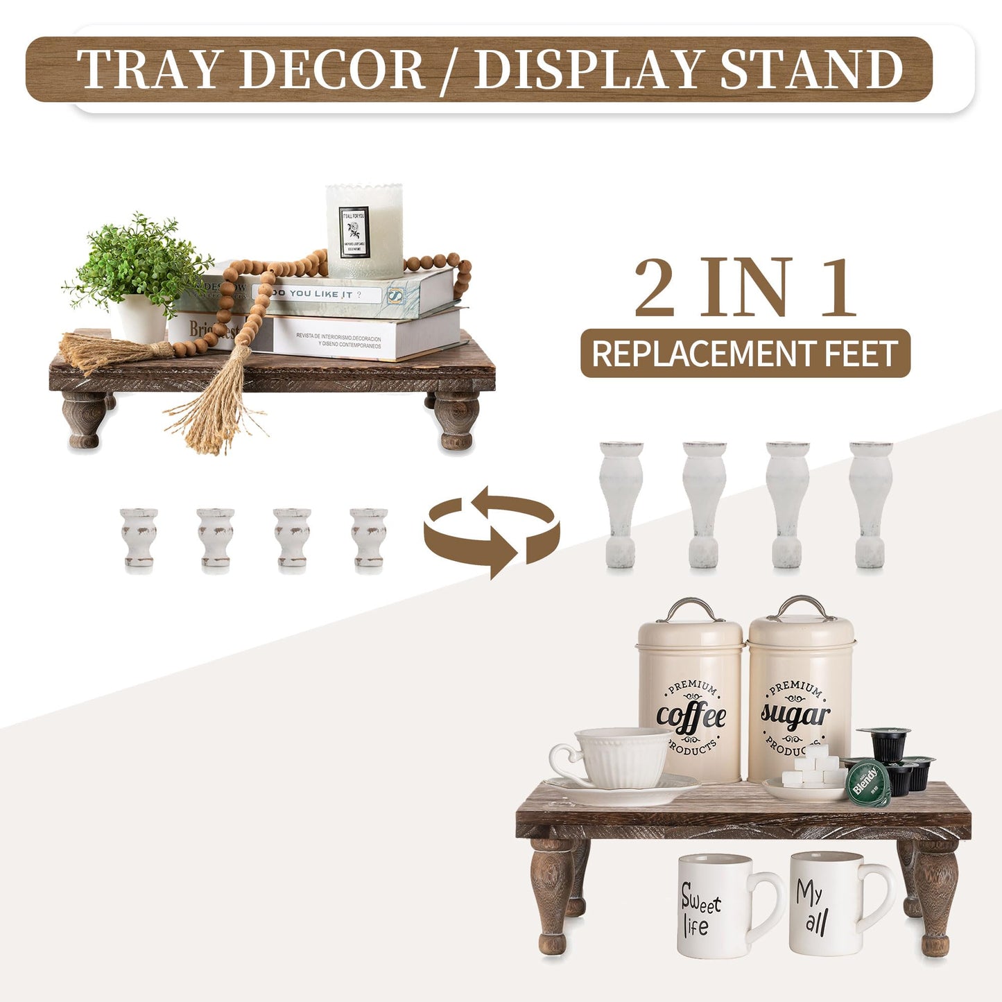 Hanobe Wooden Riser Decorative Tray: Farmhouse Wood Pedestal Display Stand - Rustic Brown Coffee Table Decor for Kitchen Dining Home Decor, Short & Tall Footed