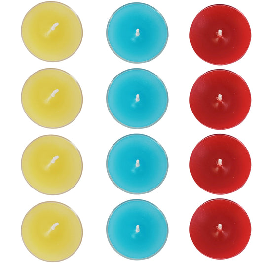 Scented Tea Light Candles 12 Pack Hand Poured 3 Color Smokeless 4 Hours Clean Burning Small Round Clear Cups Tealight Candles for Romantic Dinners Wedding Centerpieces Cozy Evenings