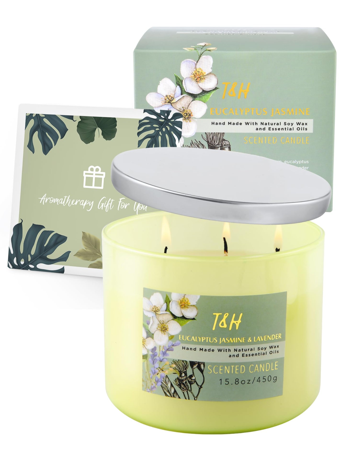 Eucalyptus Jasmine Lavender Scented Candle | 3 Wick Large Soy Candle for Home 15.8oz | Relaxing Aromatherapy Spa Candle | Strong Scent, Long Lasting, Clean Burn | Stress Relief Gift for Women & Men