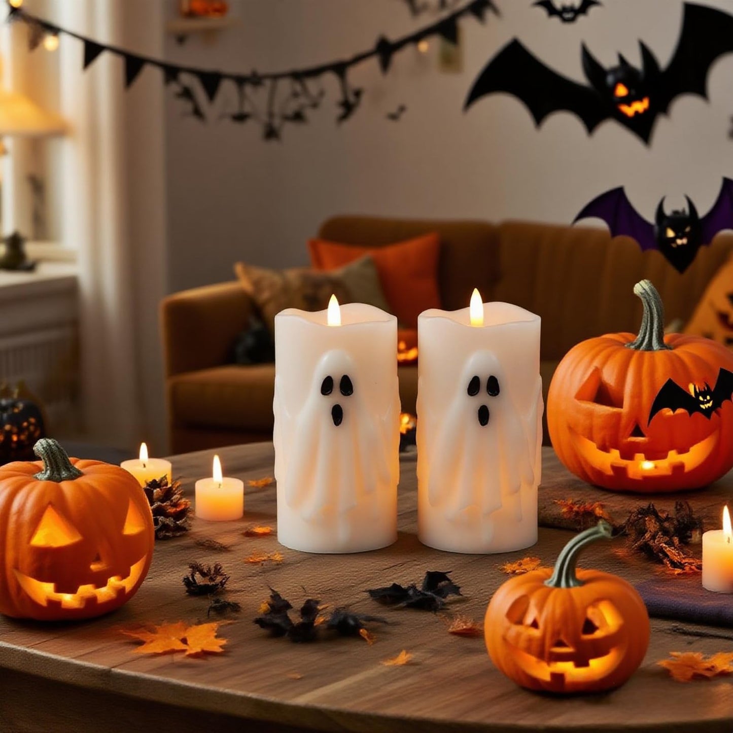Eldnacele Spooky Ghost Halloween Flameless Candles Battery Operated with Remote & Timer Set of 2 LED Flickering Pillar Candles White Real Wax 3D Wick Long Lasting Home Indoor Decor (3" D x 6.5" H)