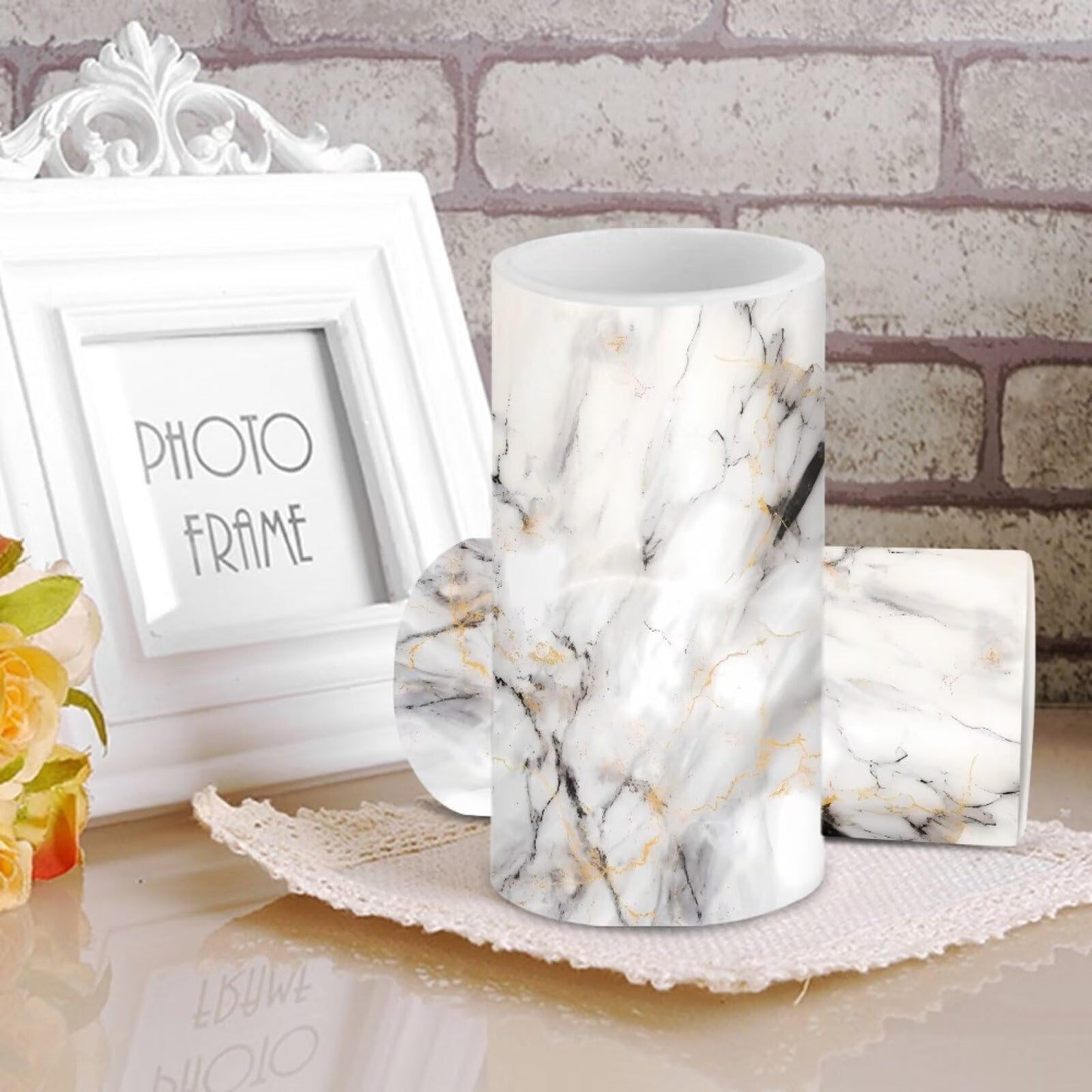 NETILGEN Flameless Candles LED Candles Electric Pillar Candles with Remote Timer Control Long Lasting for Indoor Outdoor Table Centerpiece Home Decoration Set of 2, White Grey Marble