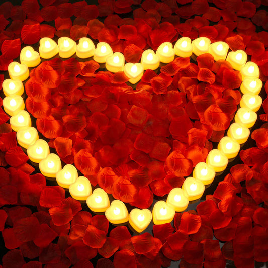 Caffox 3000Pcs Rose Petals with 36Pcs LED Tea Lights Candles, Rose Petals for Romantic Night for Her Set, Romantic Decorations for Special Night, Valentine's Day, Wedding, Anniversary Decorations