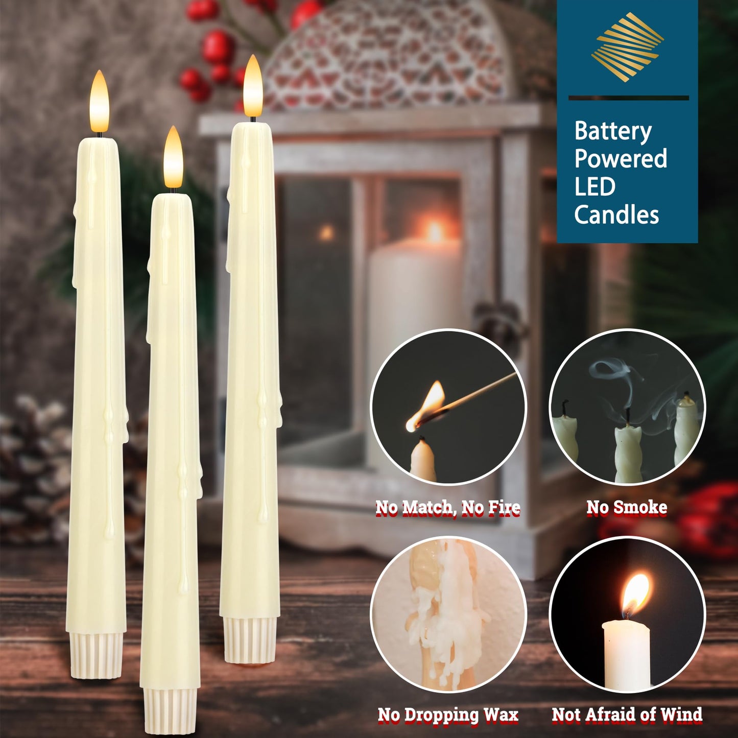 SEHNSY Dripless Flameless Taper Candles with Remote, Real Wax Battery Operated LED Candles Set with 3D Flickering Flame, 9.6" Realistic Dripless Candlesticks for Wedding Home Decor, 3 Pack Ivory