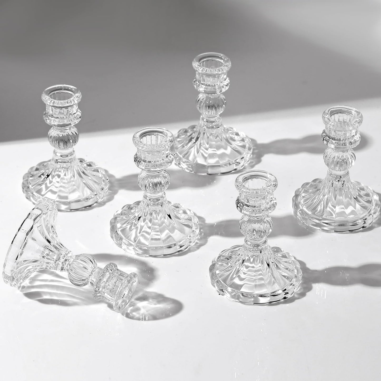 6 Pcs Clear Glass Taper Candle Holders – 4" Ribbed Candlestick Holders for Standard Candles | Elegant Centerpiece for Wedding, Party, Holiday & Home Decor