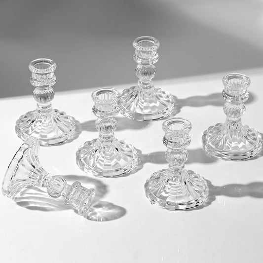 6 Pcs Clear Glass Taper Candle Holders – 4" Ribbed Candlestick Holders for Standard Candles | Elegant Centerpiece for Wedding, Party, Holiday & Home Decor