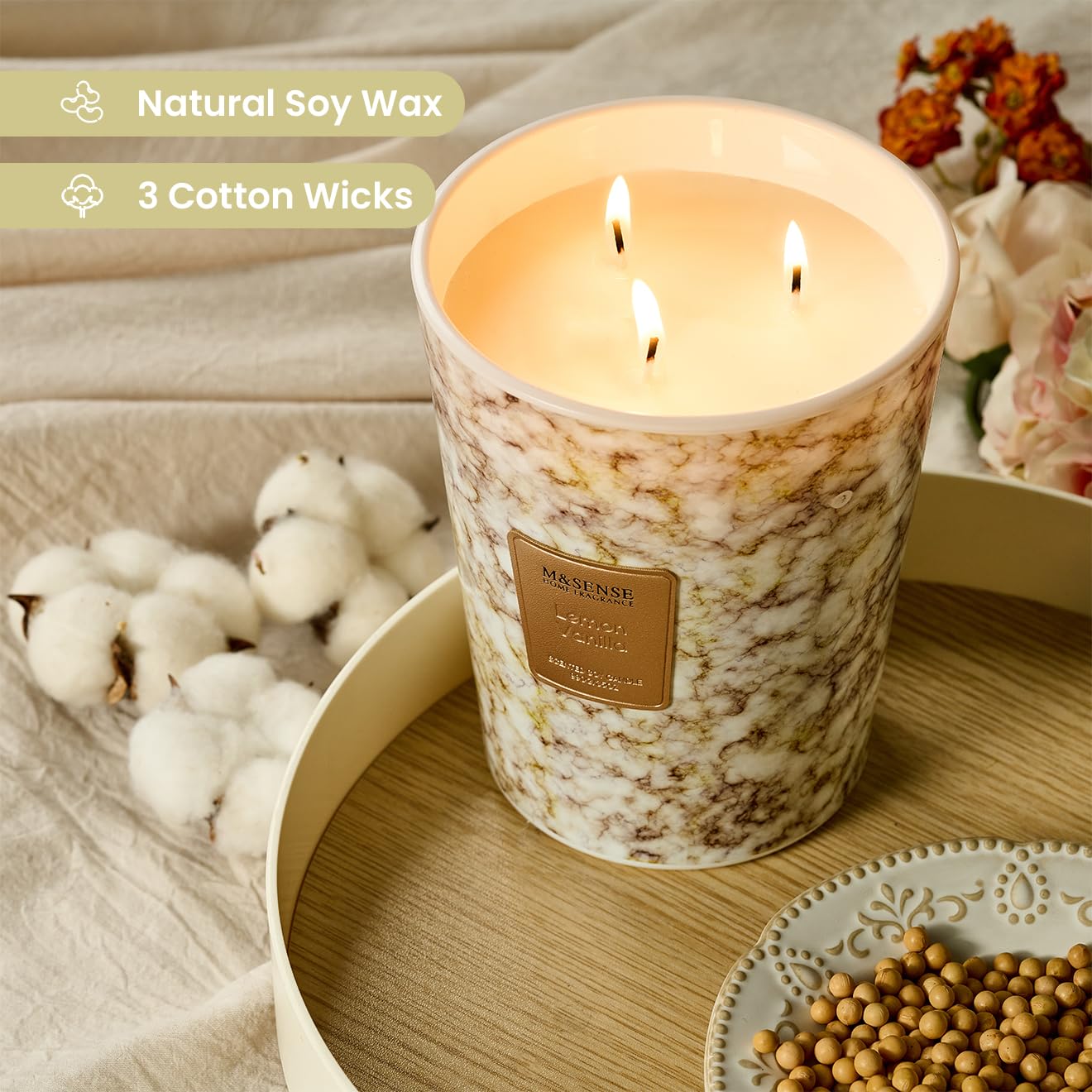 M&SENSE Extra Large Candle 35oz 150H Sugared Lemon Zest Scented Candle, 3 Wick Highly Scented Jar Candle, XL Candles Gift for Stress Relief, Meditation, Yoga