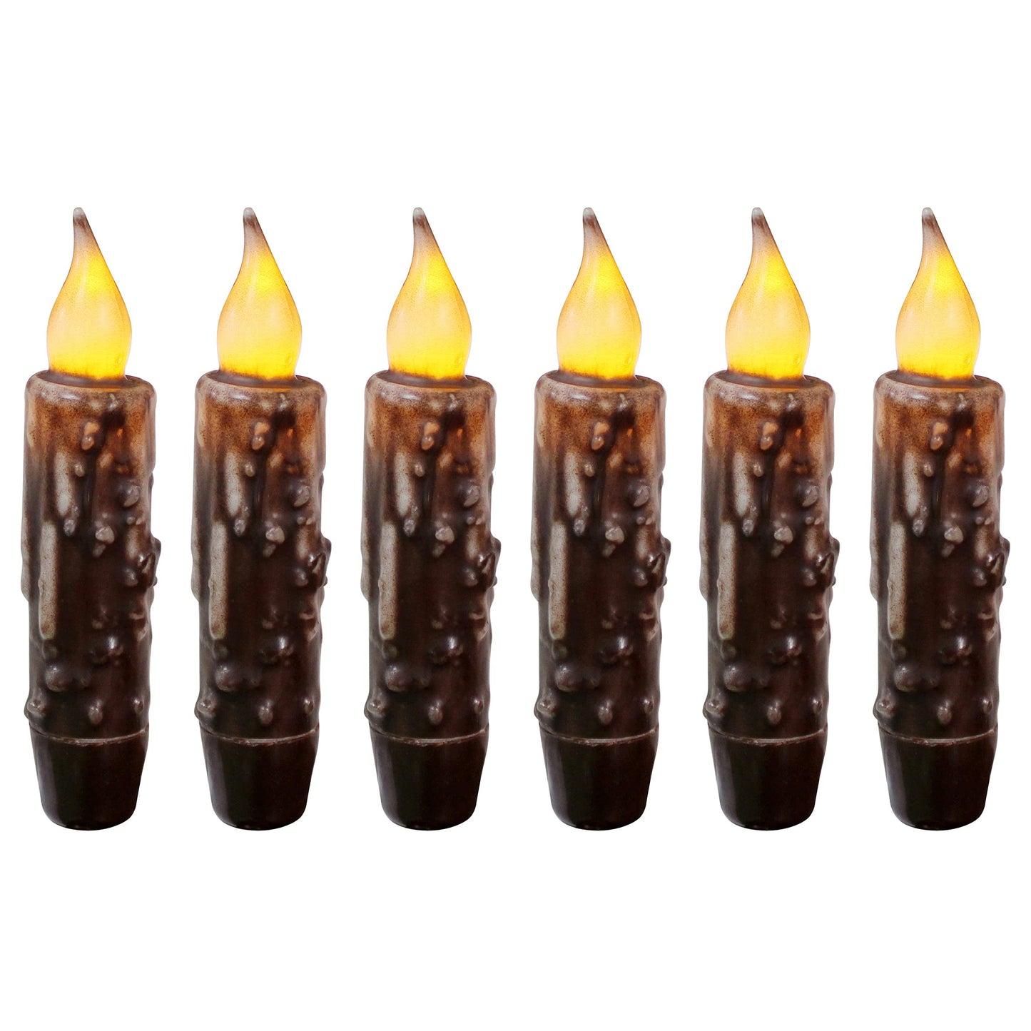 CVHOMEDECO. Real Wax Hand Dipped Battery Operated LED Timer Taper Candles Rustic Primitive Flameless Lights Décor, 4-3/4 Inch, Brwon, 6 PCS in a Package