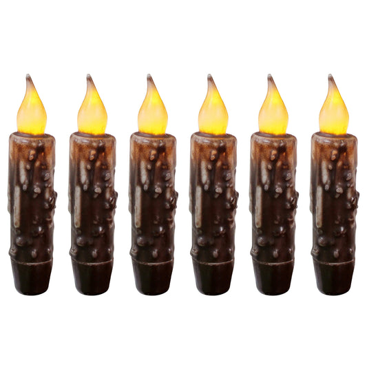 CVHOMEDECO. Real Wax Hand Dipped Battery Operated LED Timer Taper Candles Rustic Primitive Flameless Lights Décor, 4-3/4 Inch, Brwon, 6 PCS in a Package