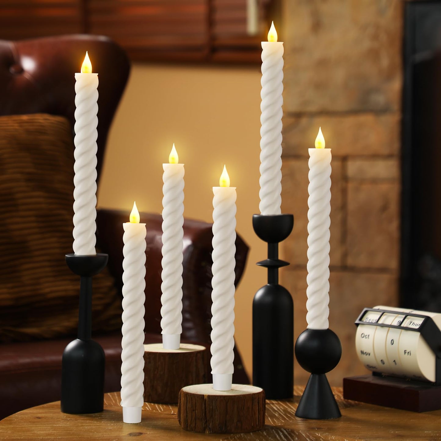 Baquler 6 Pcs White Flameless Taper Candle Twisted LED 9.65 Inch Spiral Taper Candles Battery Operated Twisted Candlesticks for Spring Wedding Birthday Home Party Holiday Dinner Fireplace