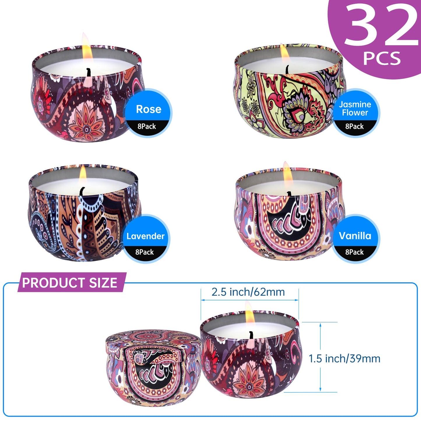 KNOURT 32 Pack Scented Candles Gift Set, Natural Soy Wax Travel Tin Candles for Home Scented, Ideal for Christmas, Birthday, Thanksgiving, Valentines Day Gifts