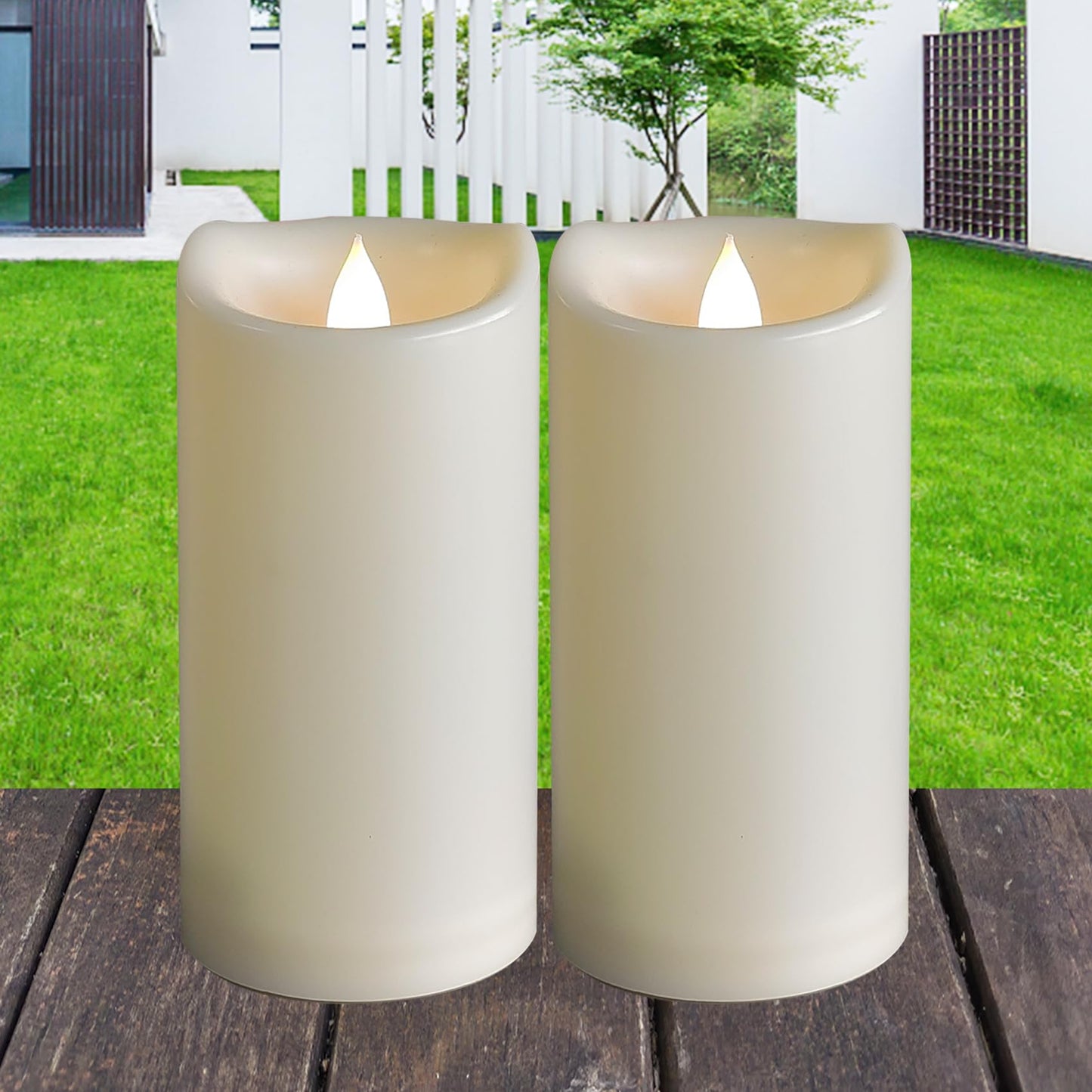 2 Pack Outdoor Battery Operated Candles with Timer (3x6 Inches) Waterproof Flameless Pillar Candles Flickering Plastic LED Fake Candles Electric Lights for Halloween Christmas Decoration Lantern Decor