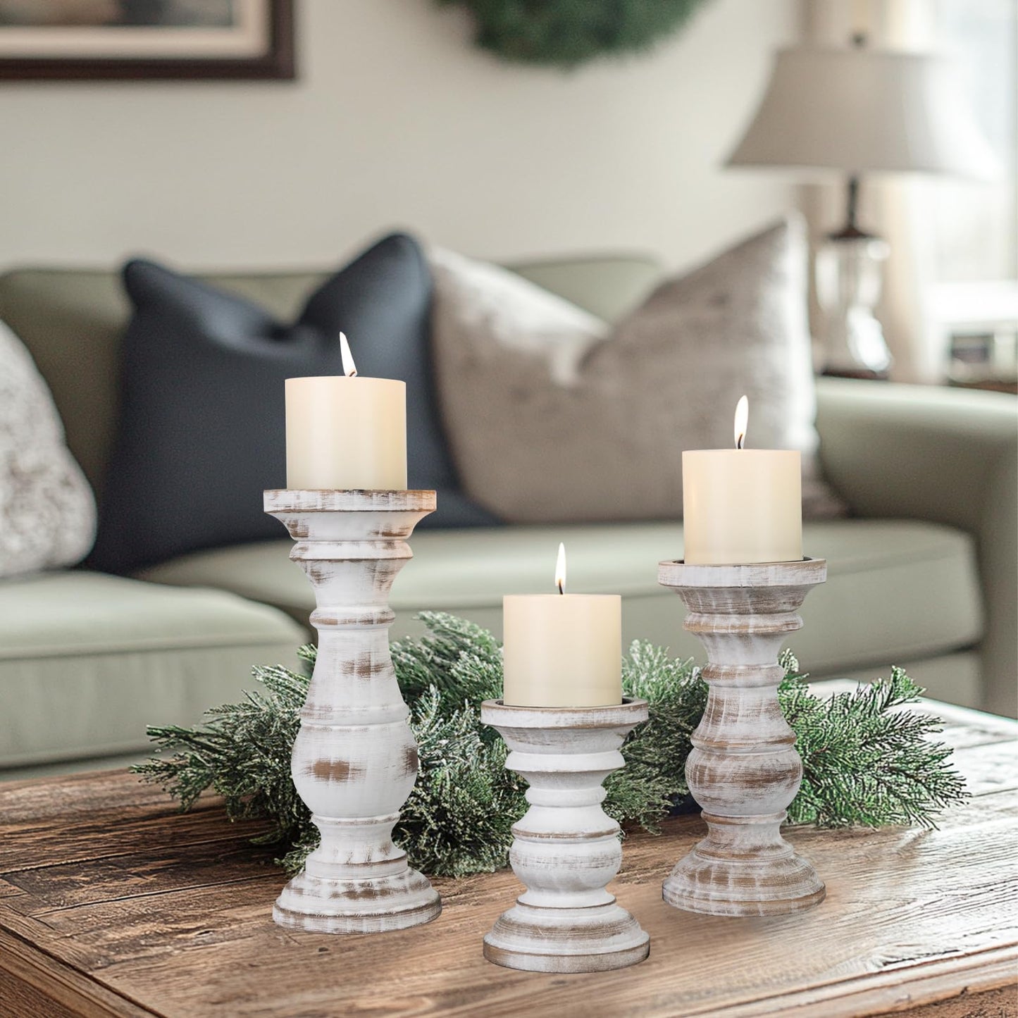 Candle Holder for Pillar Candle Set of 3, Farmhouse Wood Candle Holder, Rustic Wooden Candle Stand, Decorative Wood Candlestick Holders for Living Room, Table Centerpiece (Antique White)