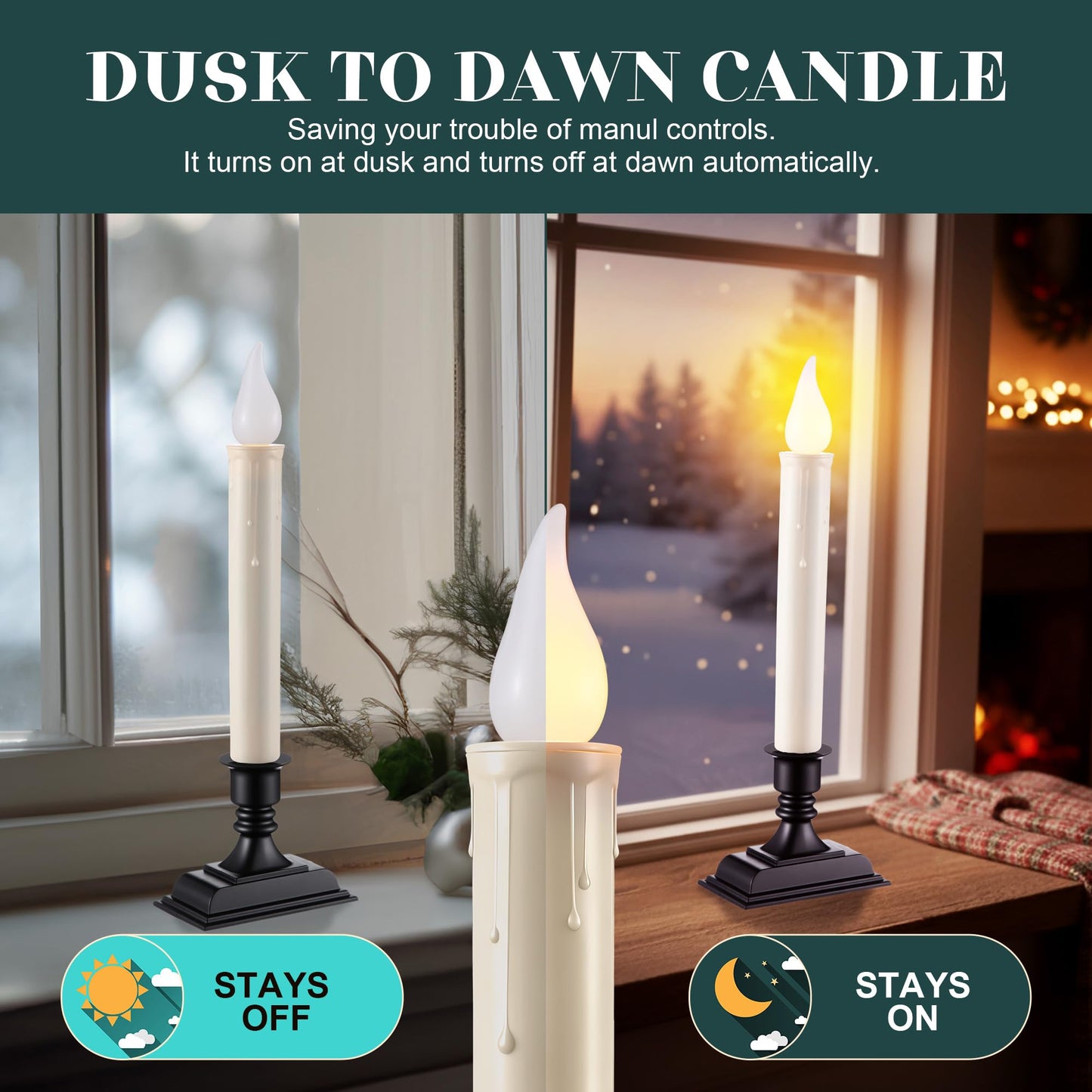 Enhon 6 Pack Battery Operated LED Window Candles, Dusk to Dawn Light Sensor, with Black Holders and Suction Cups, Ivory Christmas Window Candles, Amber Flicker Flame (Batteries AA Included)