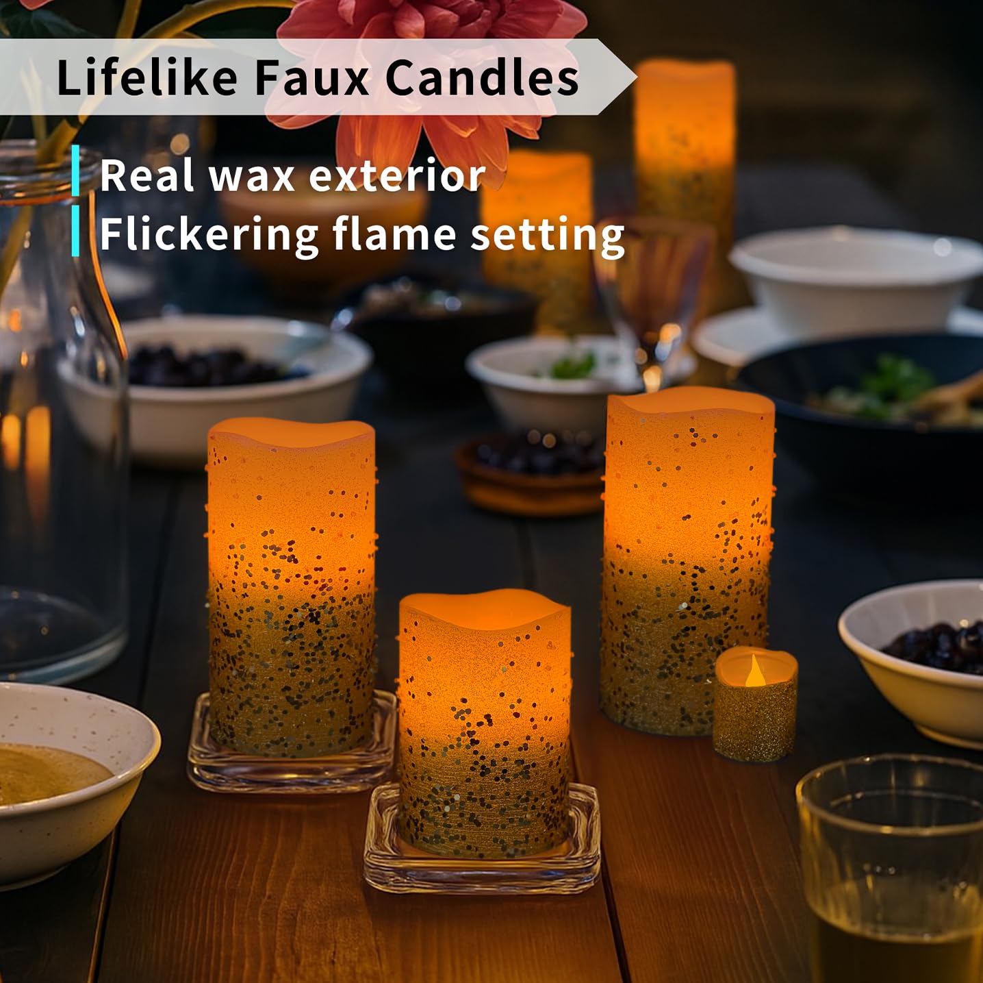 FURORA LIGHTING Gold Glitter Flameless Candles - Real Wax, Adjustable Brightness, Remote & Timer - 4 Pillars (3x4, 3x6) and 4 Votives, 8-Pack, Battery Operated