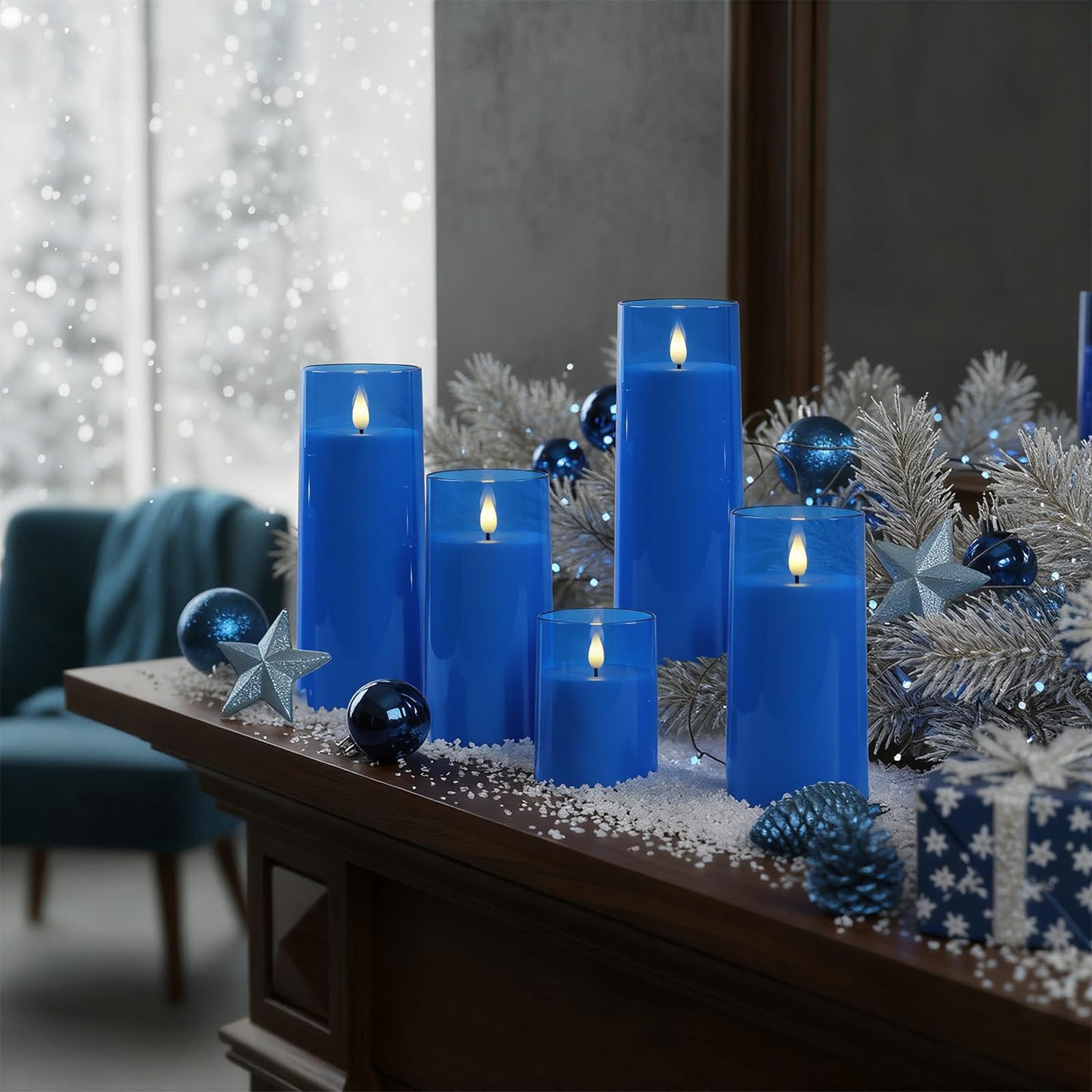 Raycare Independence Day Flameless Candles Battery Operated with Remote Timer, Acrylic Flickering LED Pillar Candle for 4th of July Home Patriotic Decor, Gift for Family and Friend, Blue, Set of 5