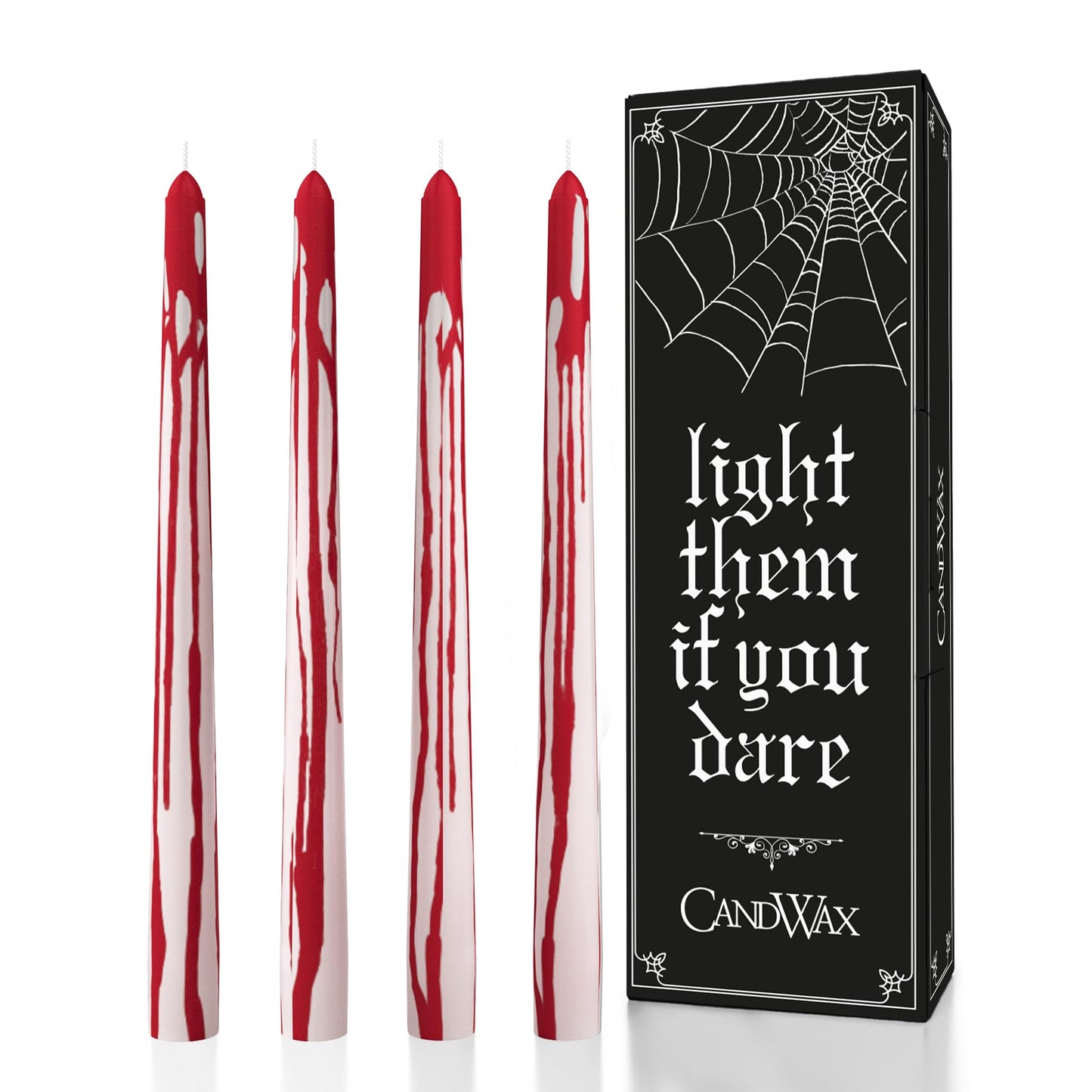 CANDWAX 12 inch Taper Candles Set of 4 - Unscented Tapers Burning for 10 Hours - No Drip Candlesticks Ideal for Halloween or Other Themed Party - Blood White