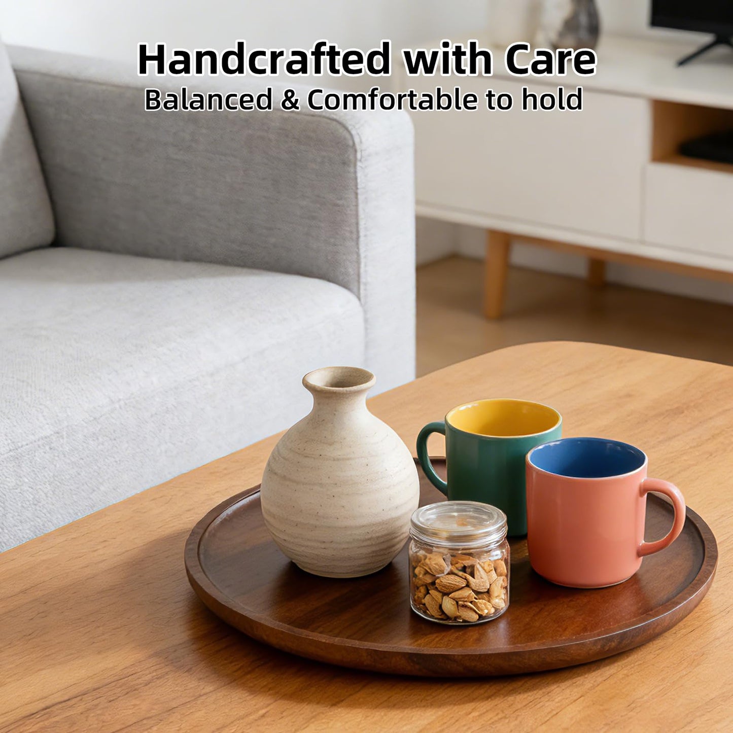 Round Acacia Wood Tray, Non-Slip Wooden Candle Tray for Coffee Table, Bathroom Vanity & Countertop, Decorative Wooden Tray for Home Décor Organizer- 11.8 Inch Diameter