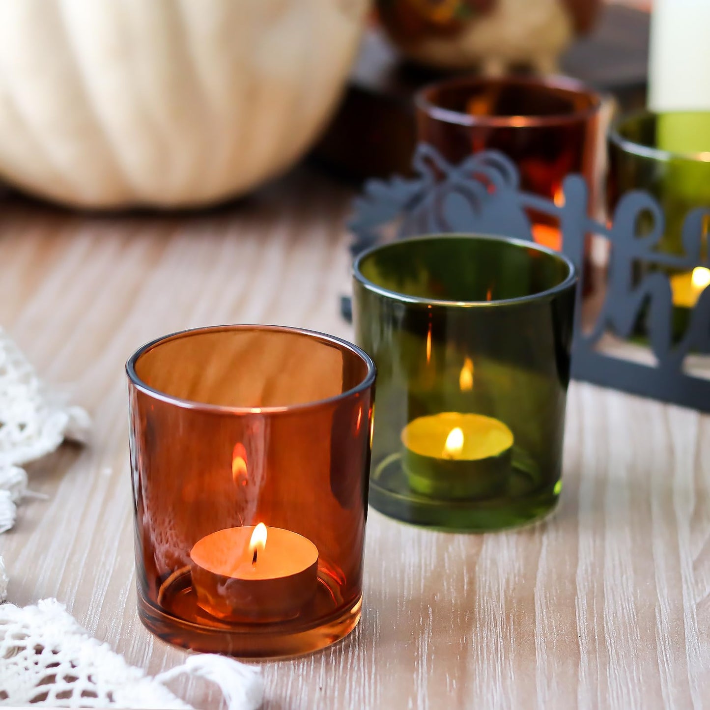 SYFURNIX Thanksgiving Centerpieces Glass Tealight Votive Candle Holder Include 1 Candle Tray & 4 Candle Holders Fall Thanksgiving Table Decorations Indoor