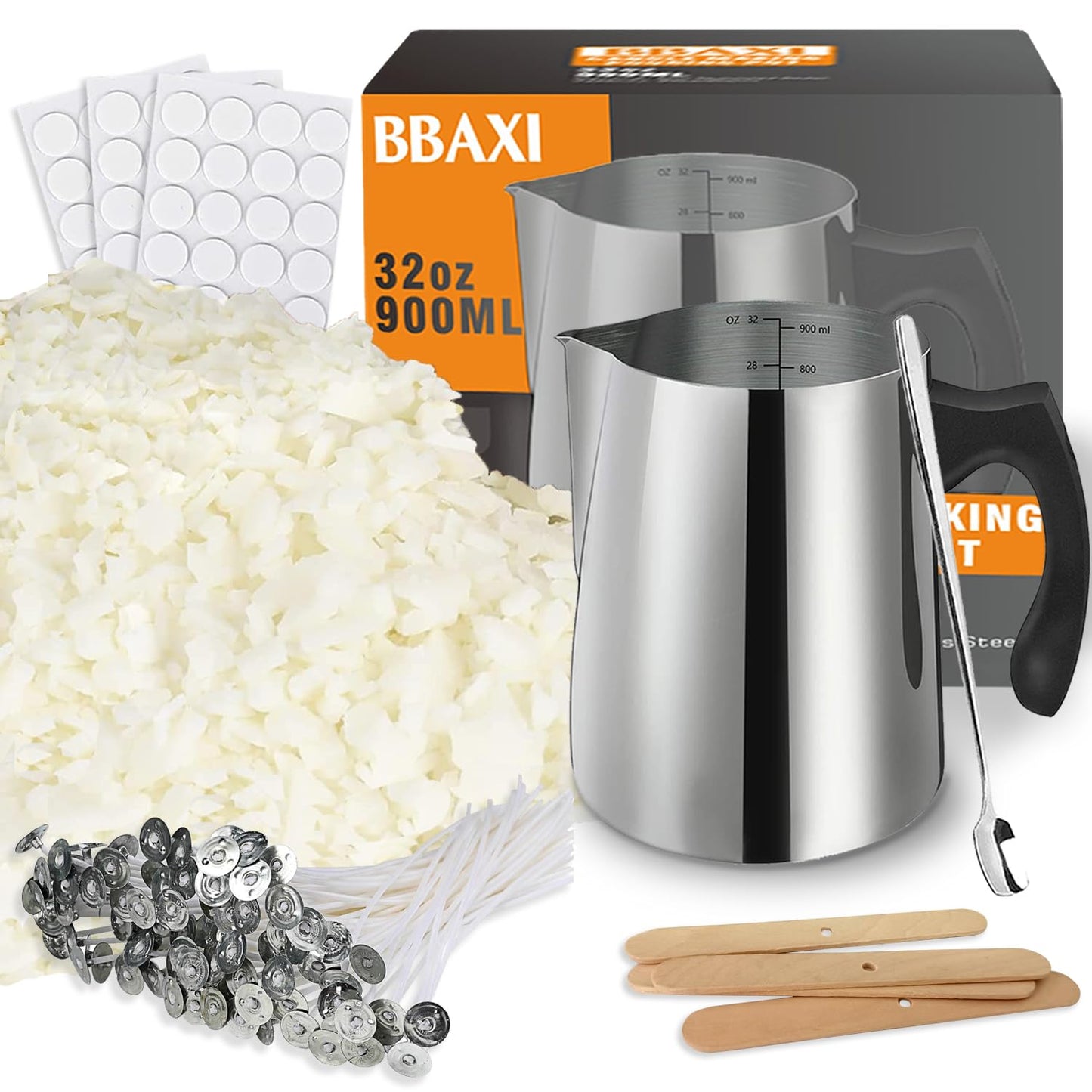 BBAXI Candle Making Kit - 32oz Pouring Pot, 16oz Soy Wax, Wooden Wick Holders, Candle Wicks, Stickers and Spoon