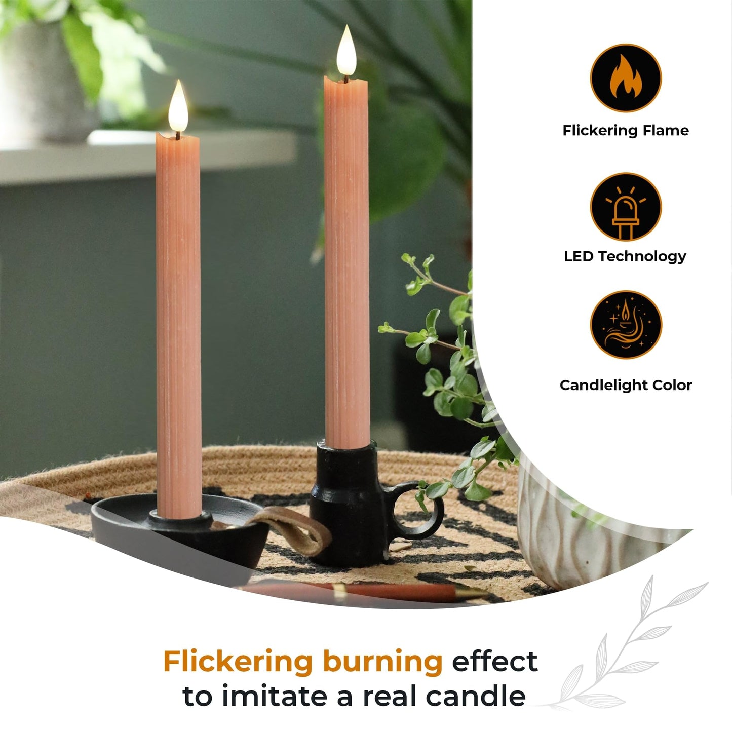 comforder Flameless Taper Candles – Flickering LED Flame with 6H Timer – Real Wax, Ribbed Design – Battery Operated Set of 2 – 10" Tall (Mauve)