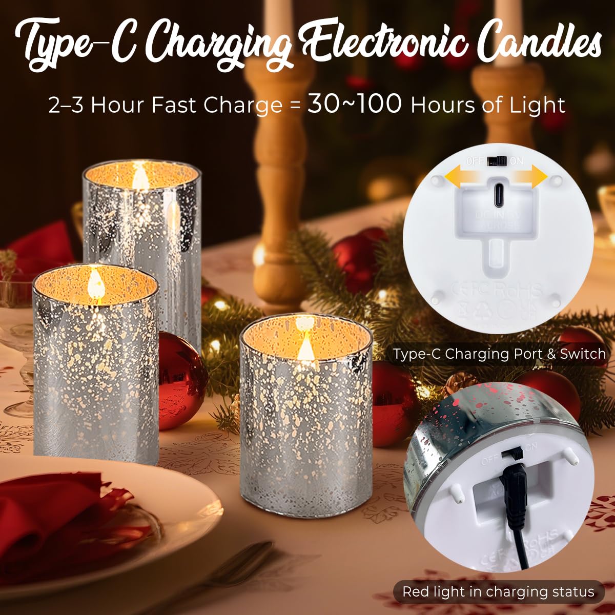LEDHOLYT Rechargeable Flameless Candle, Flickering LED Pillar Glass Fake Candle with Remote and Timer, Built-in Battery Real Wax Electronic Candle for Room Decoration, Set of 3