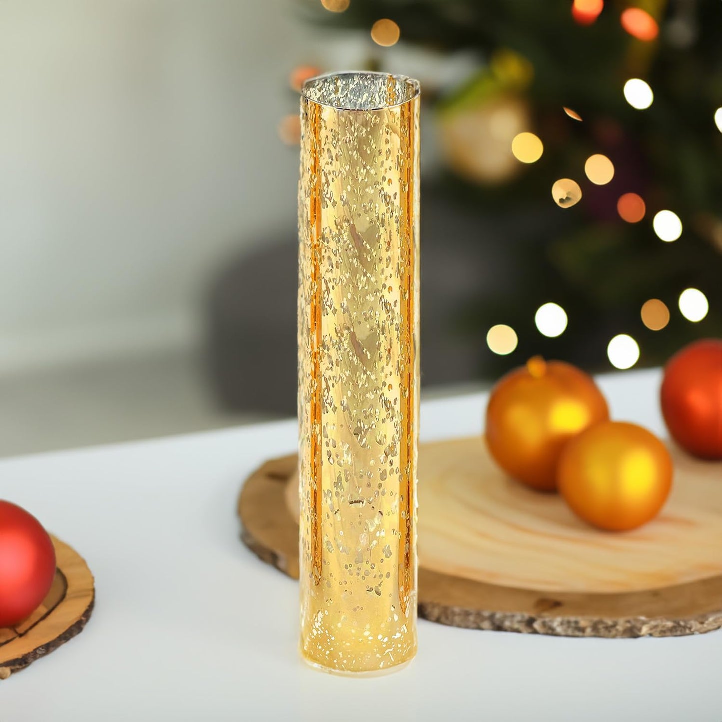 WGVI Hurricane Candle Holder Sleeve, W: 2.5", Ht: 14", Gold Speckled Glass Cylinder Open Both Ends, Chimney Tube Shade, 1 Piece