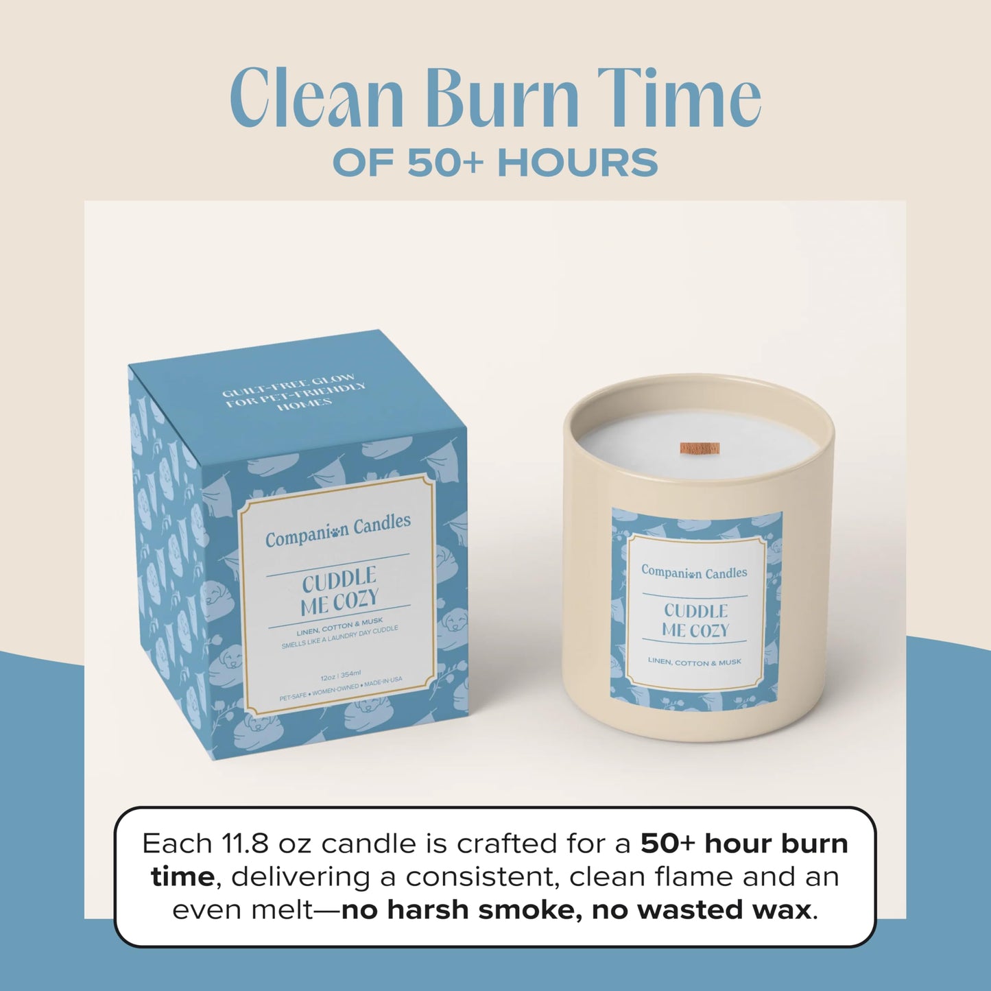 Companion Candles Cuddle Me Cozy Pet-Friendly Scented Candle – Linen, Cotton & Musk Fragrance - Coconut Soy Wax Candle with Wooden Wick, Approx. 50-Hour Burn Time, Made in USA, 11.8 oz