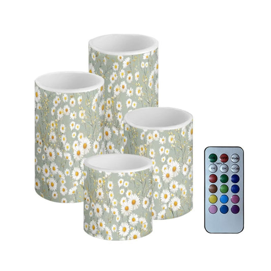 Cozeyat Daisy Field 4 Pack Battery Operated Flameless Candles Color Changing LED Pillar Candles with Remote Timer Flickering for Home Wedding Decor