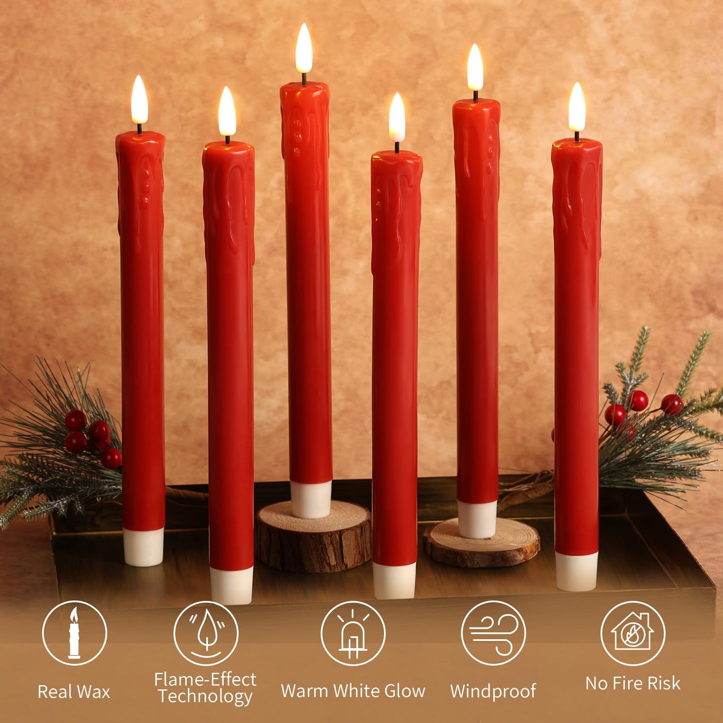 Girimax Red Dripping Wax Flameless Taper Candles with Remote, Flickering Battery Operated LED Candlesticks Valentines Decor Set of 6